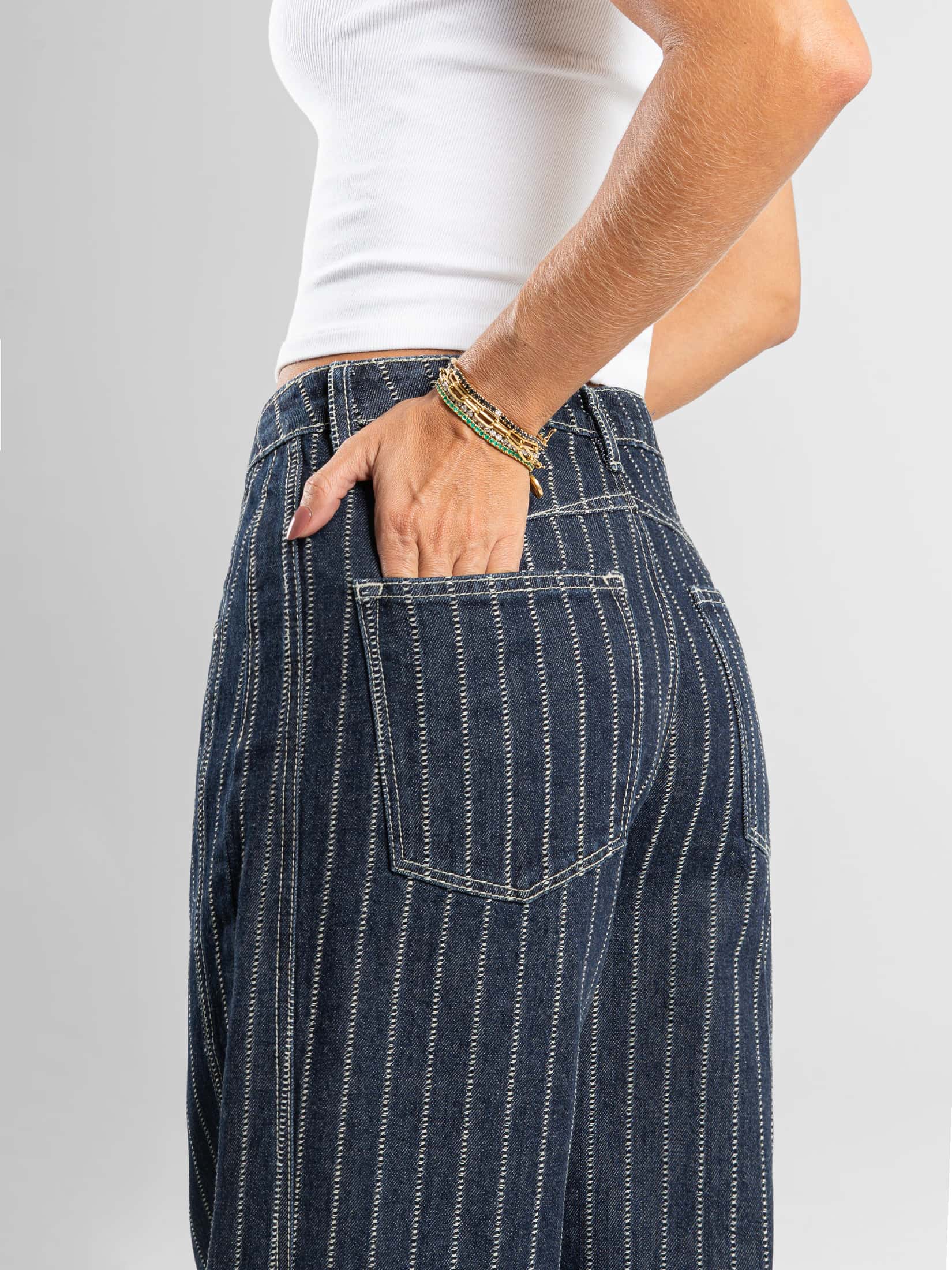 Ref: 066479 Jean wide leg, rígido, tiro alto, rayas, tono azul oscuro - miniatura 3
