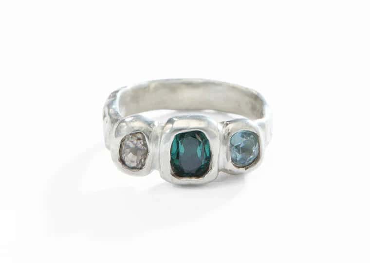 THREE STONE RING: QUARTZ, TOURMALINE & AQUAMARINE