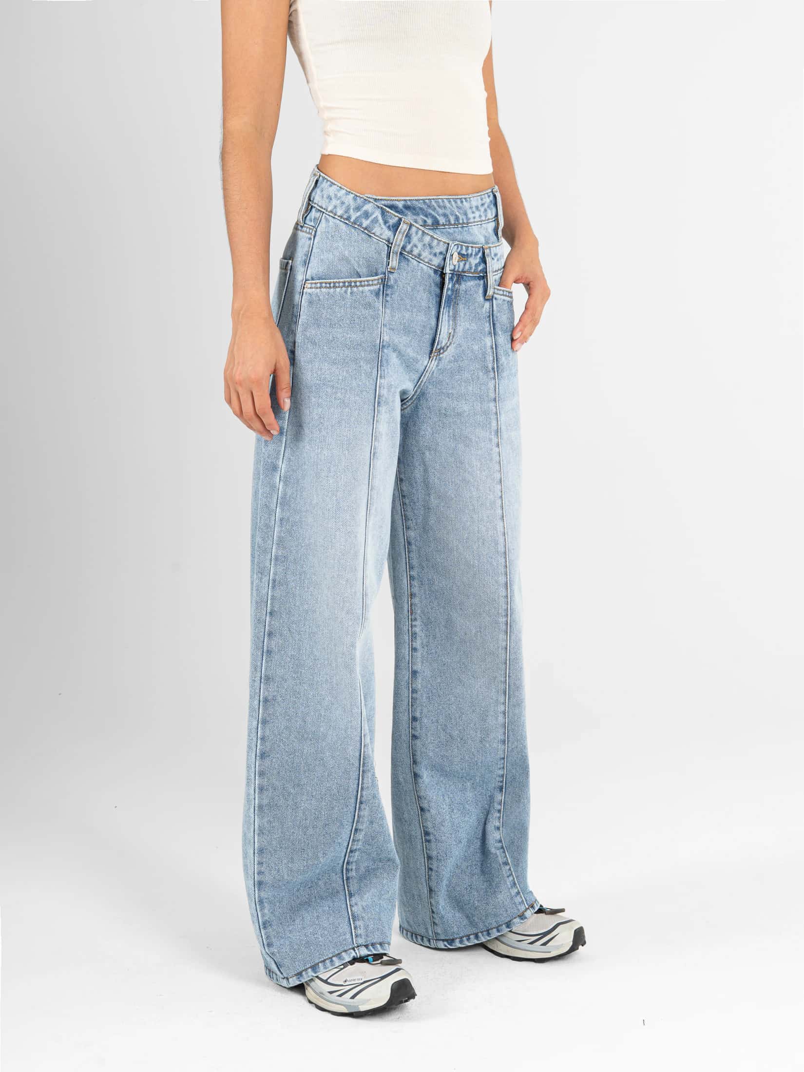 Ref: 066526 Jean wide leg, rígido, con cortes, detalle en pretina, tono azul medio - miniatura 3