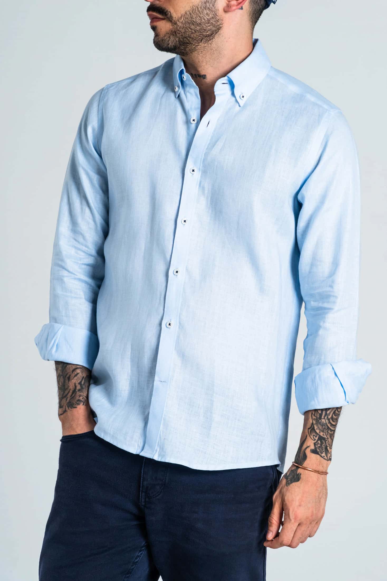Camisa Botón Contraste Lino Azul Bebé