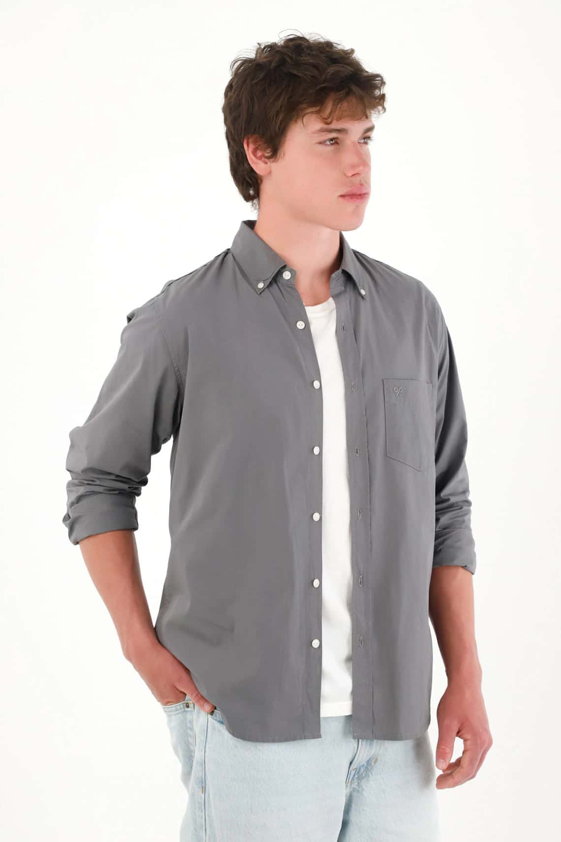 Camisa clásica manga larga gris para hombre