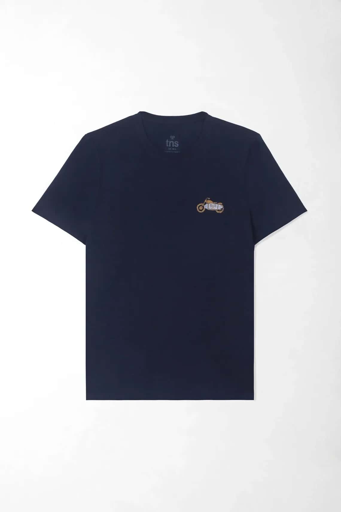 Camiseta fit clásico con mini gráfico de moto en algodón azul marino para hombre