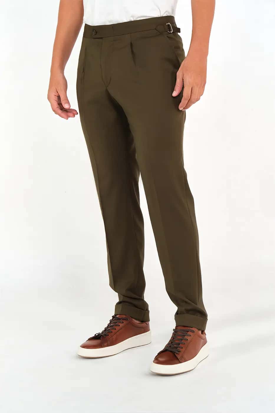 Pantalón Gabardina Classic Fit 100% Lana Verde Militar