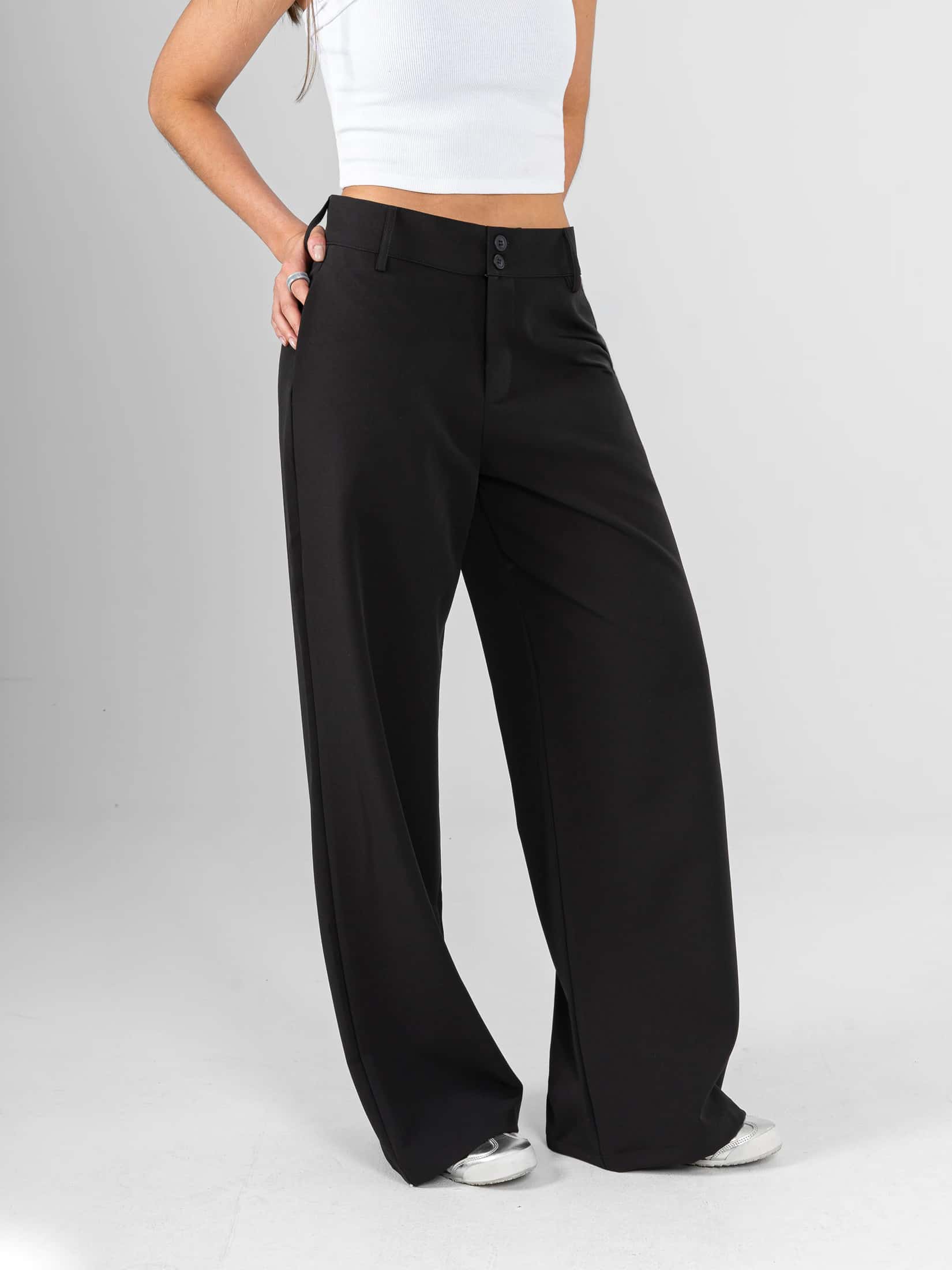 Ref: 0620614 Pantalón palazzo, tiro alto, tejido plano liviano, stretch, tono negro - miniatura 3