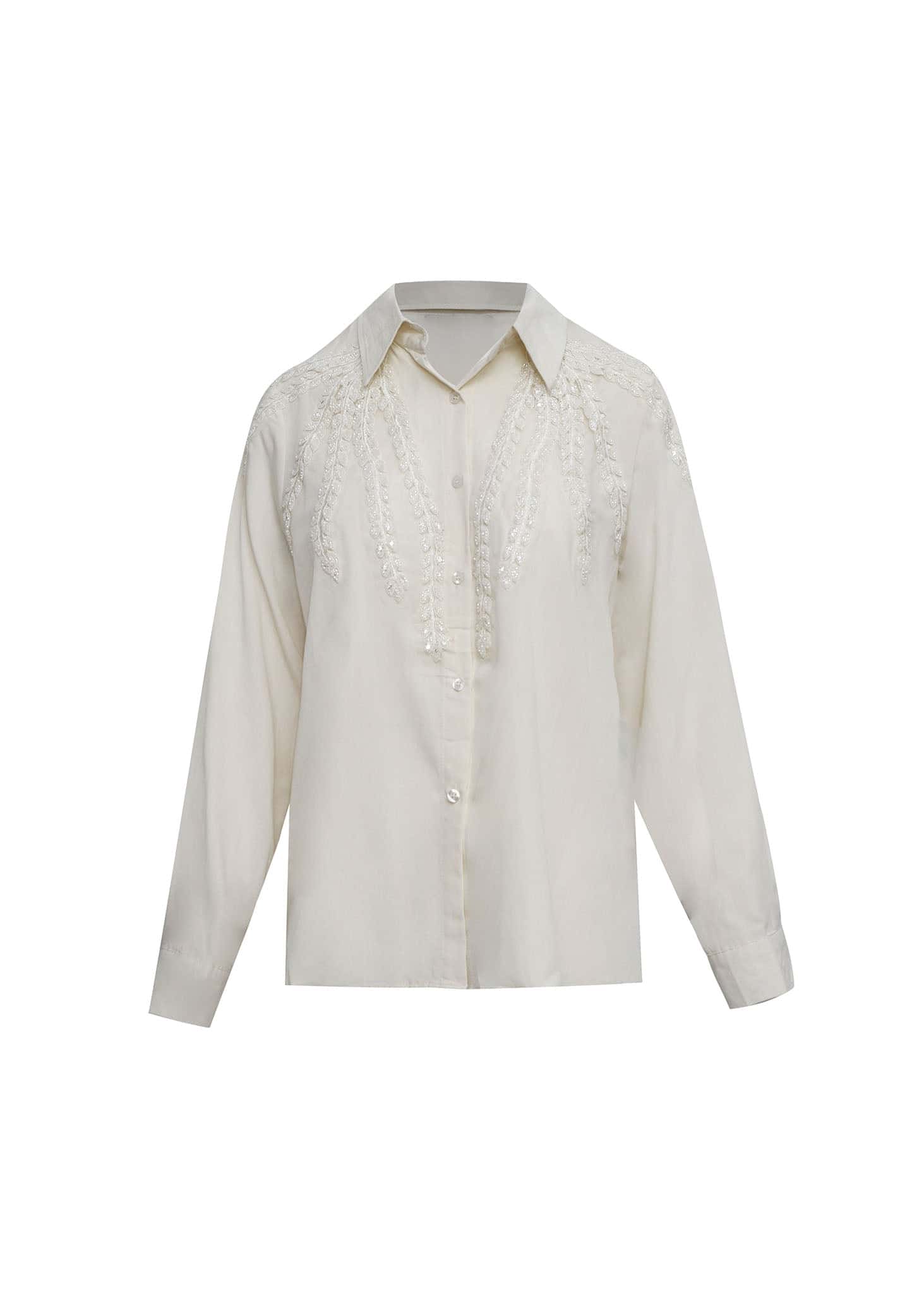 Camisa beige recamada hojas