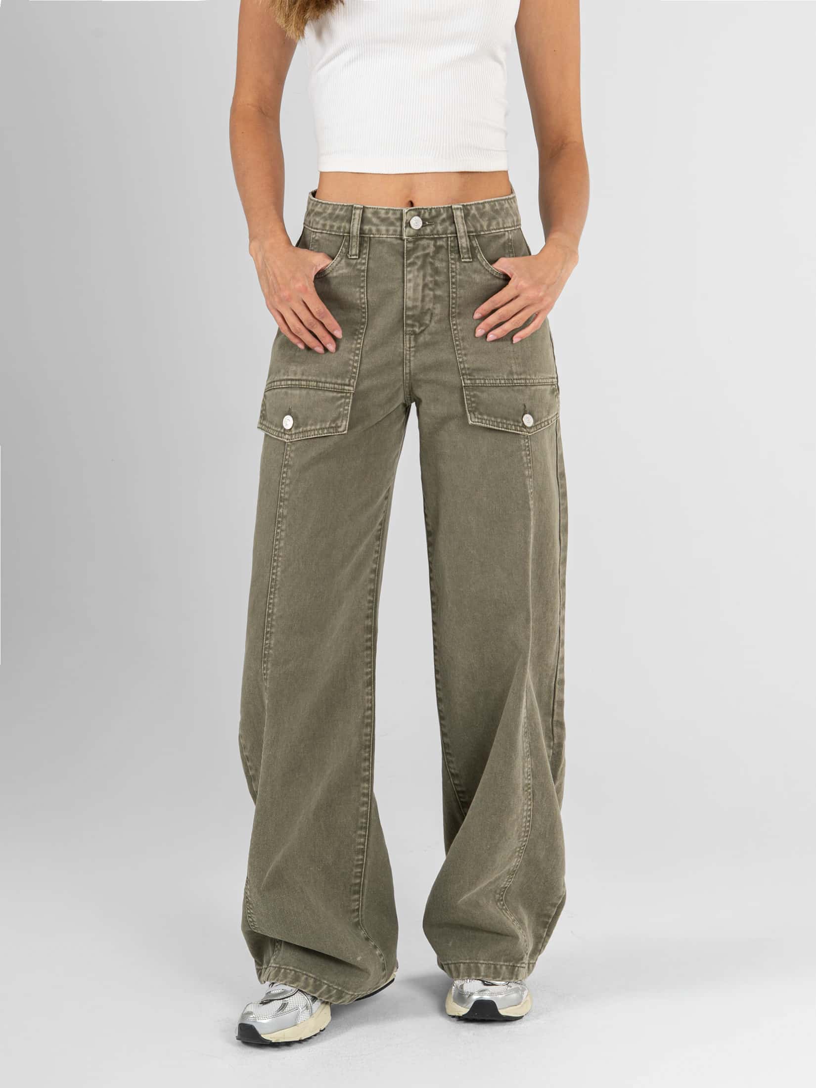 Ref: 0620621 Pantalón Cargo rígido, tiro alto, tono verde
