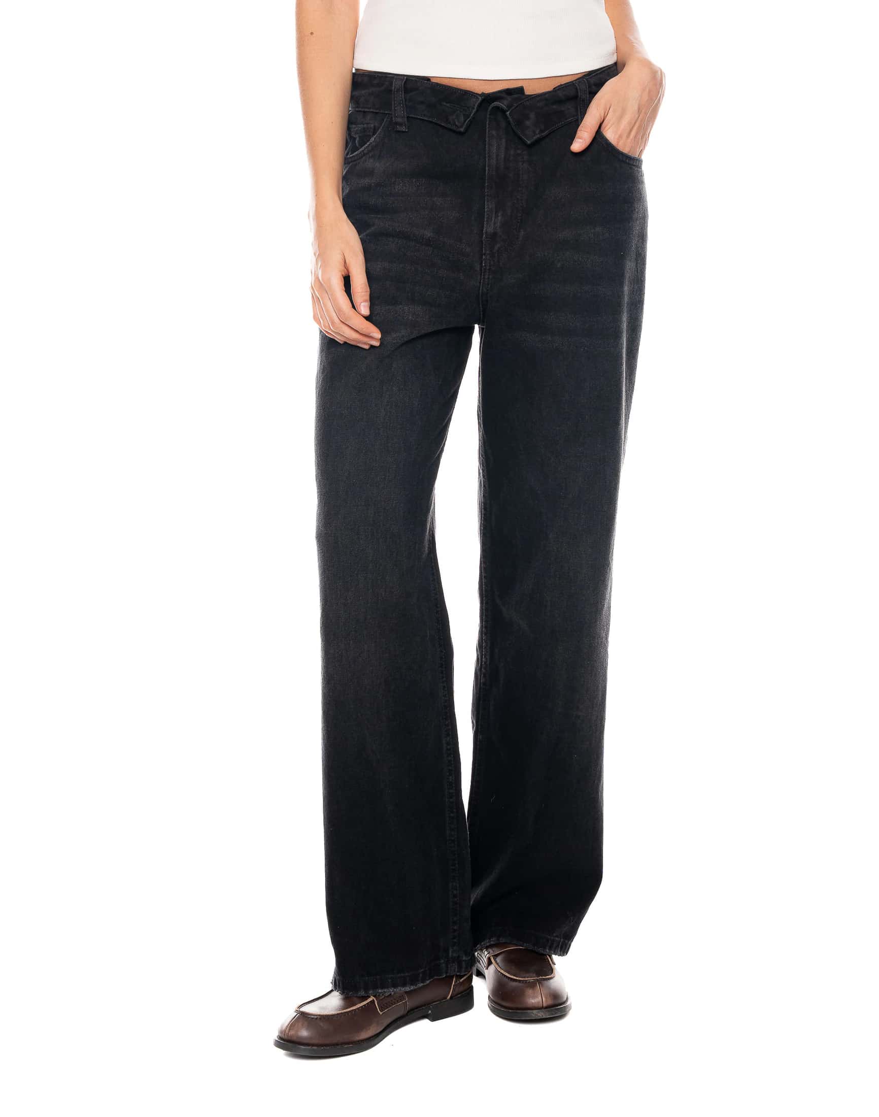 Jeans Wide Leg Tiro Medio Denim Negro