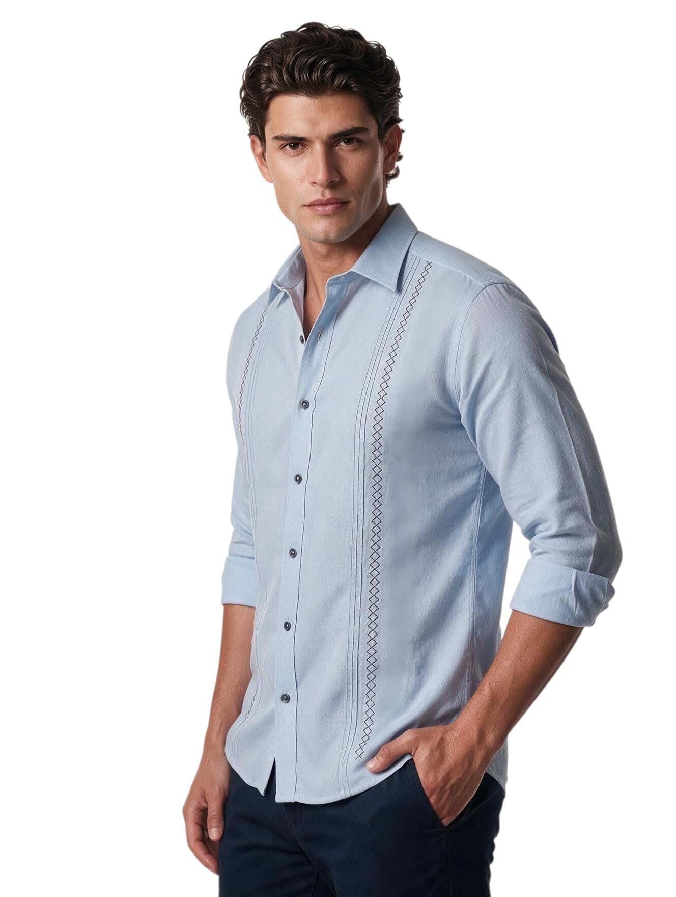 Guayabera azul manga larga con bordado - miniatura 1