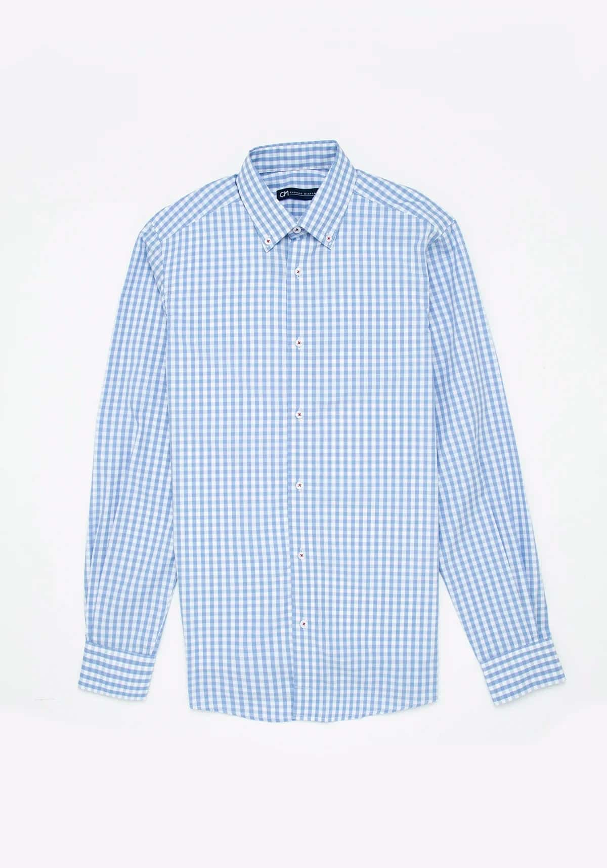 Camisa Cuadro Botón Contraste Algodón Azul Claro