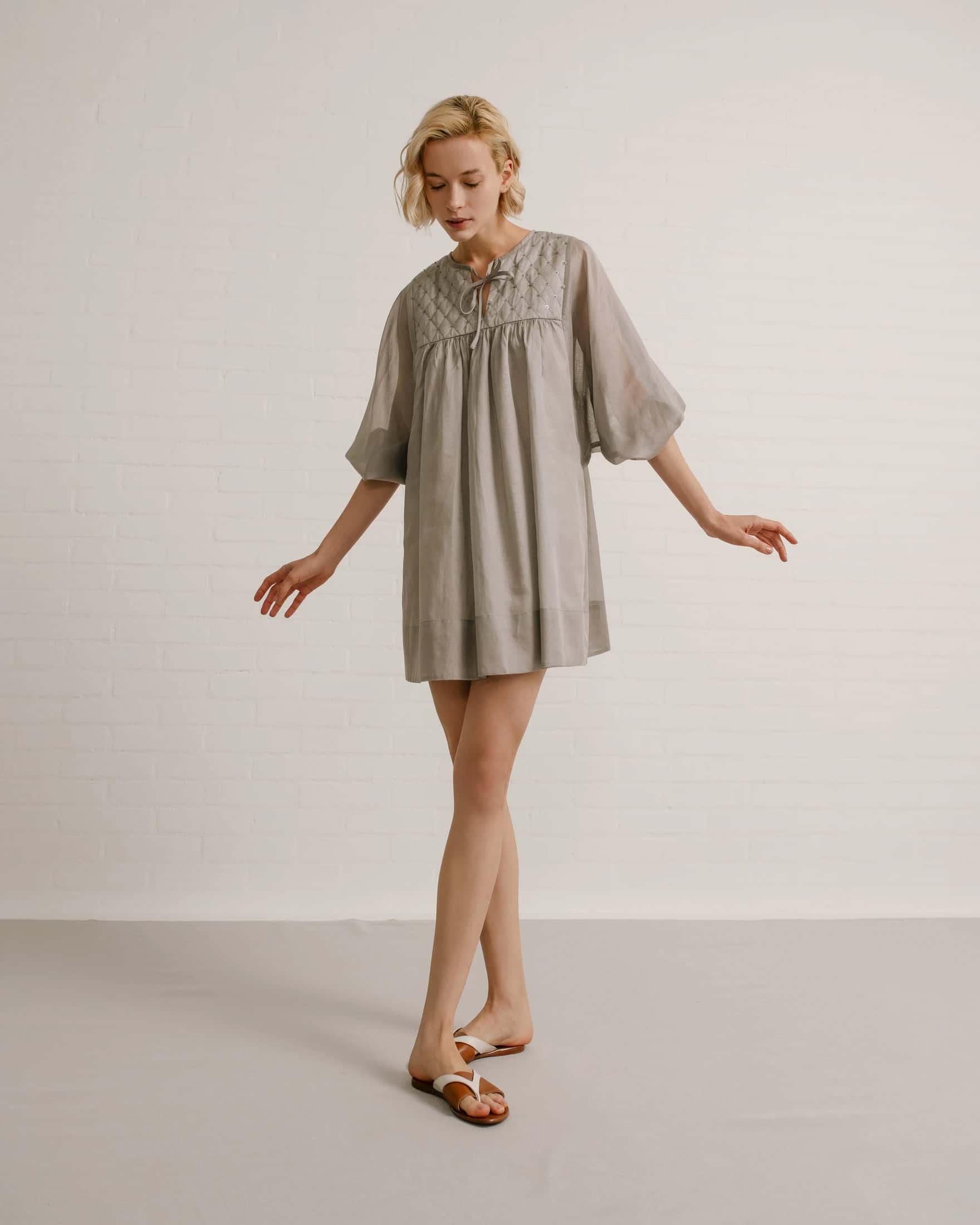 Quilted-Bodice Cotton Voile Mini Dress