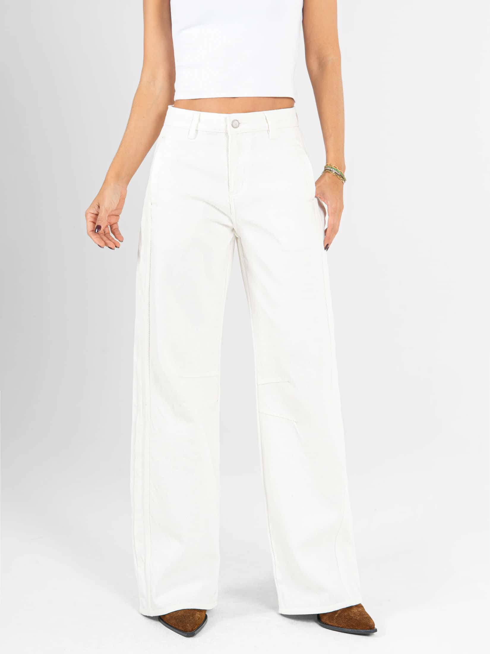 Ref: 0620640 Pantalón wide leg, rígido, tiro alto, con cortes, tono ivory - miniatura 1