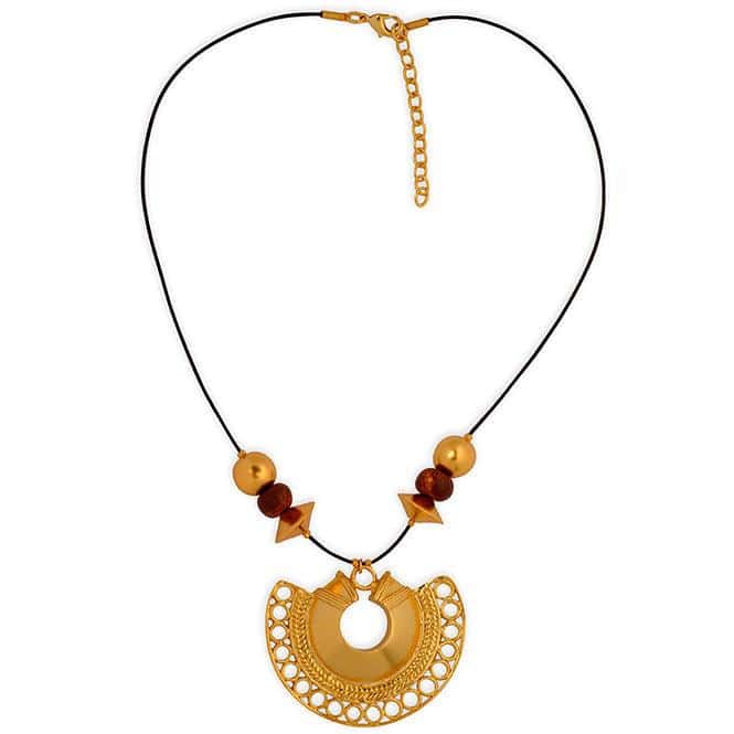 Collar Cuero Café, Piedra Tairona Terracota y Dije Extragrande Nariguera Semilunar Tairona