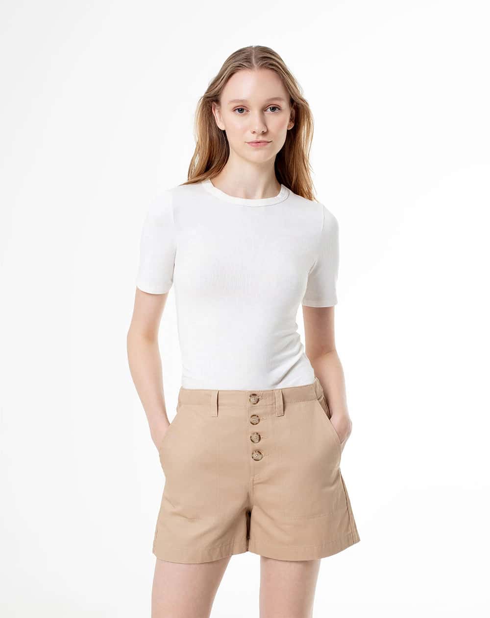 Short tiro medio regular algodón caqui mujer