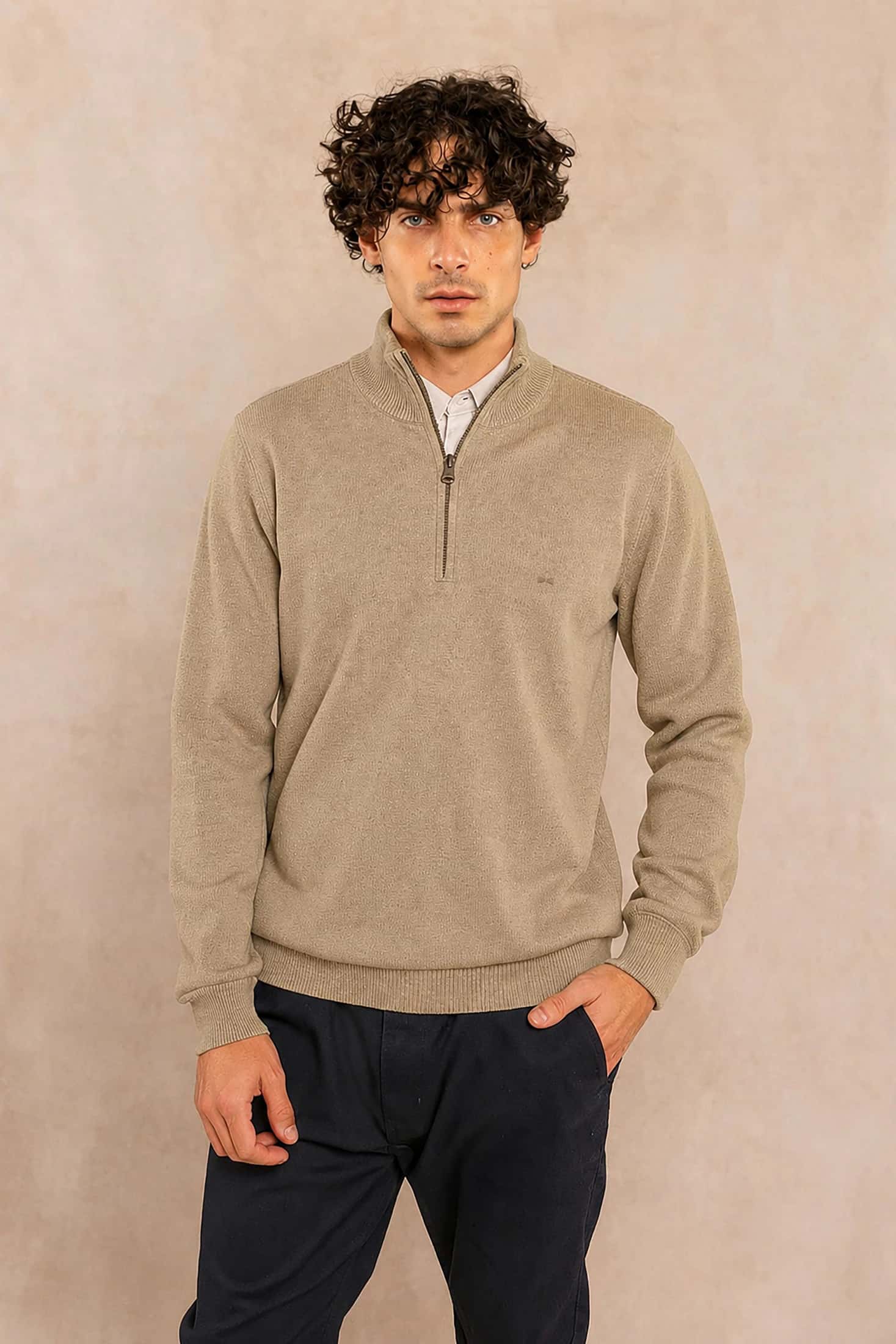 Halfzip Algodon Peinado Antiarrugas Camel