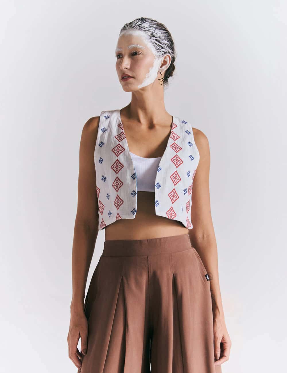 Chaleco Escote en Pico  Grecia blanco+azul+rojo Mujer