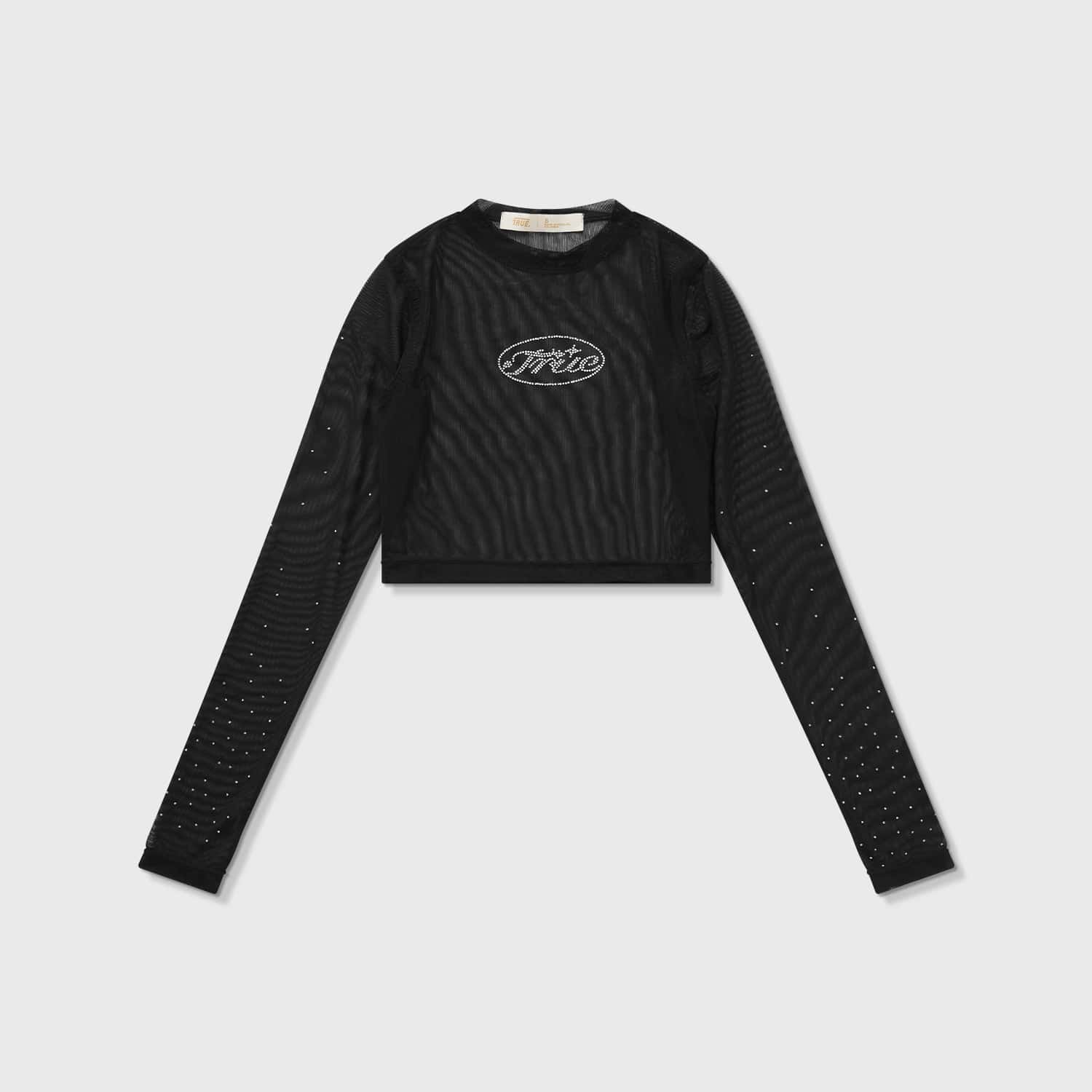 Mesh Rhinestone LS Crop Top - Black