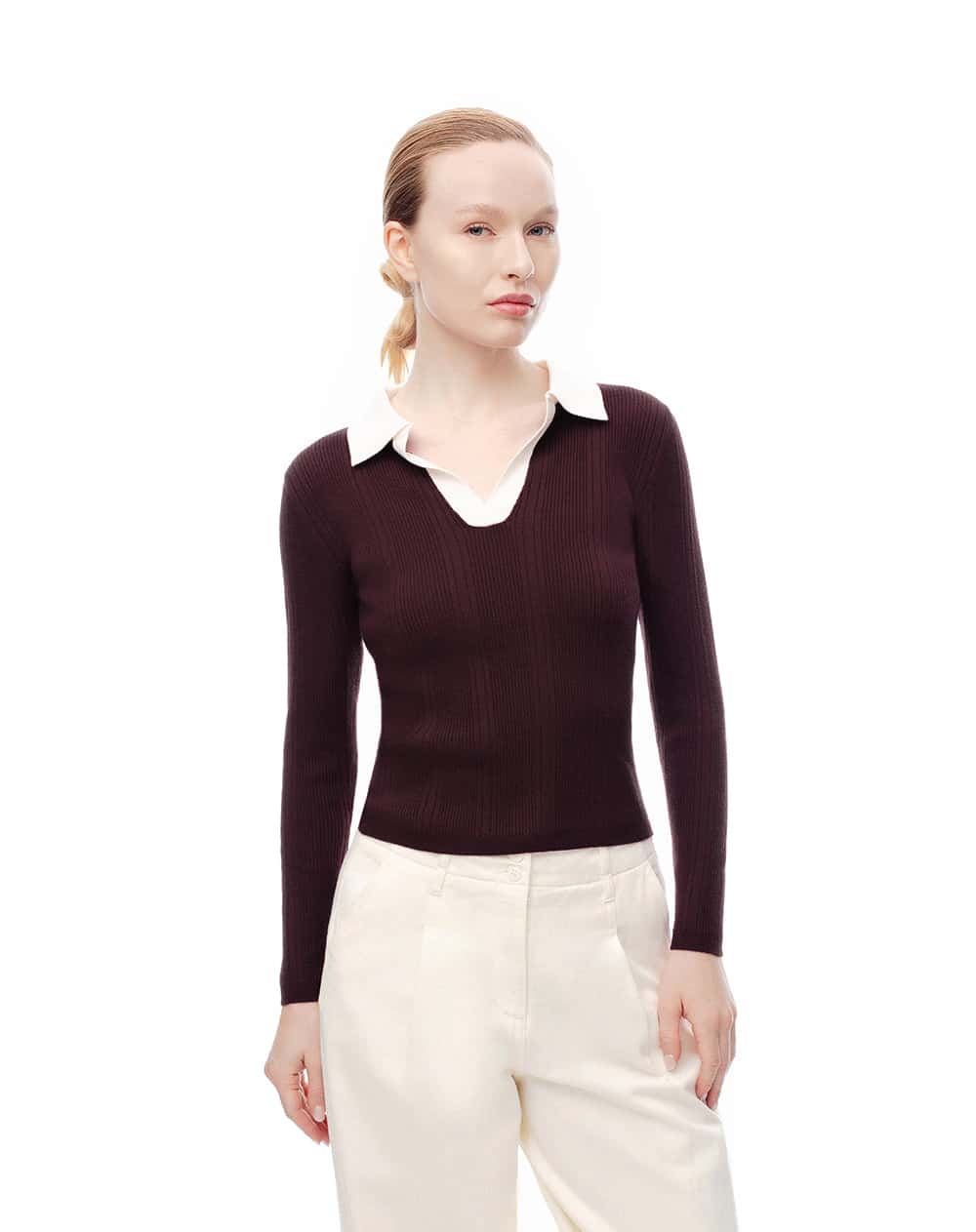Camibuzo tipo polo slim tejido de punto vinotinto mujer