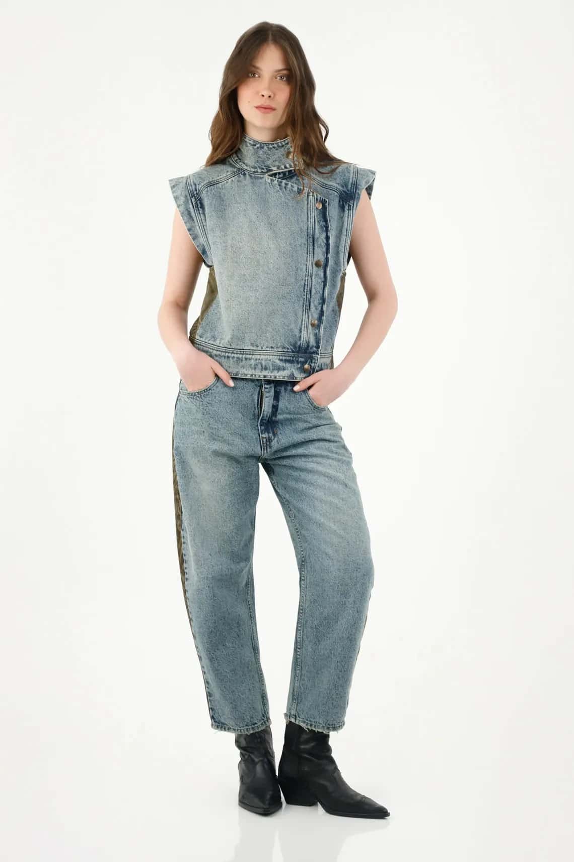 Jean para mujer de algodón azul slouchy con pretina