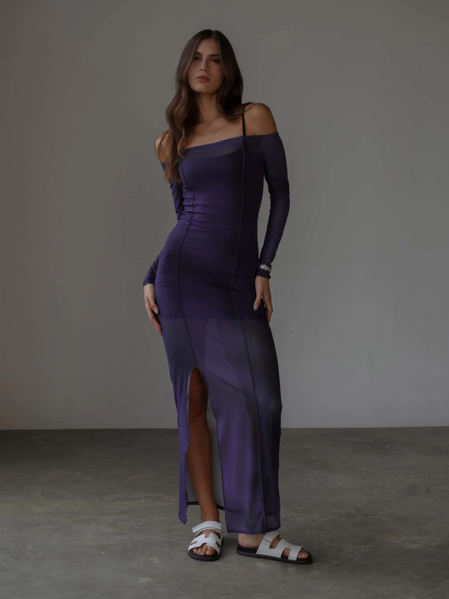 OFF SHOULDER MESH DRESS - MYSTIC PURPLE