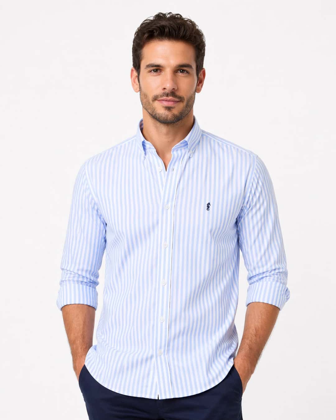 Camisa 100% Algodón Manga Larga Maxi Rayas Azul Claro