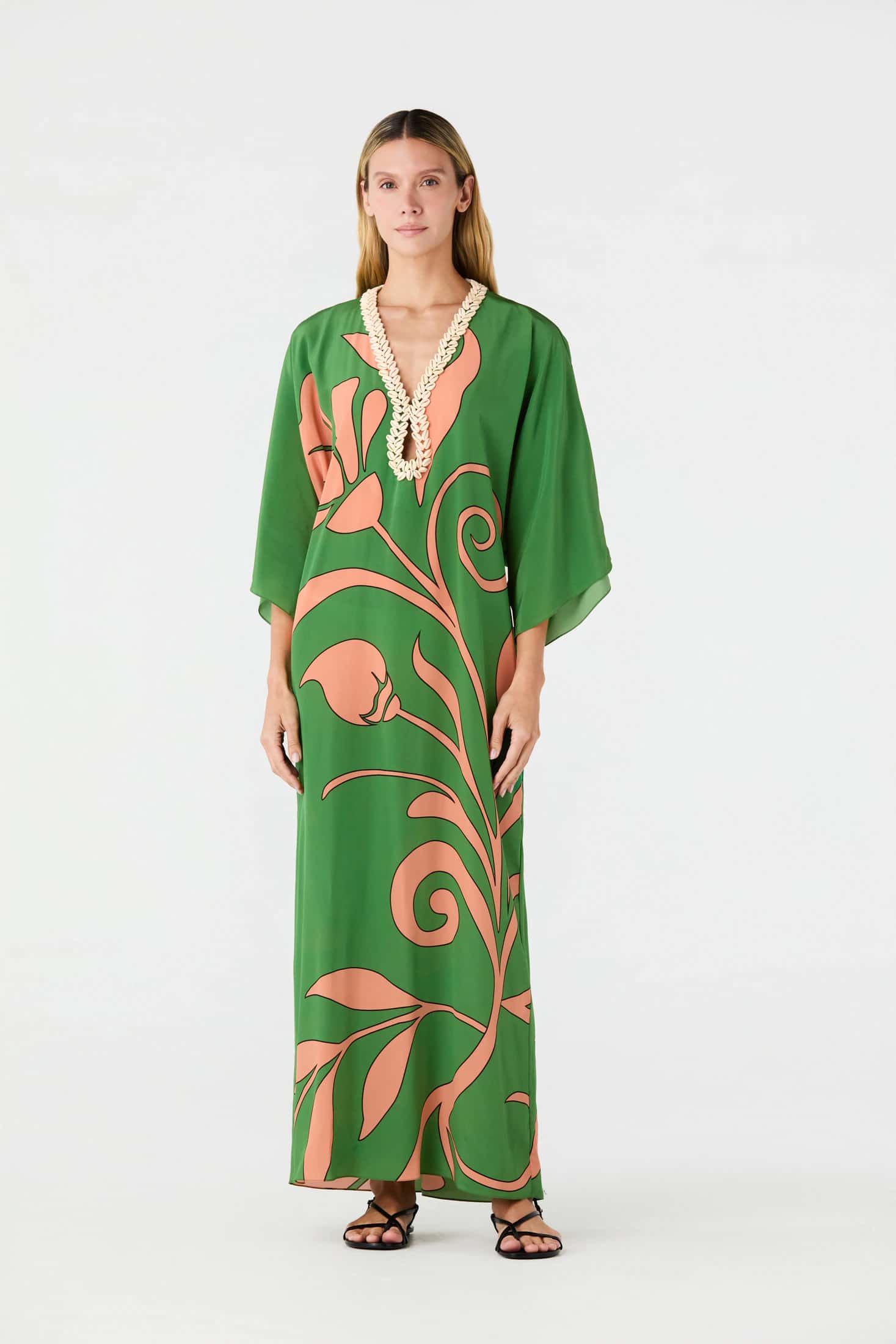 Andina Hand-Embroidered Crepe Tunic / Green Buganvilia
