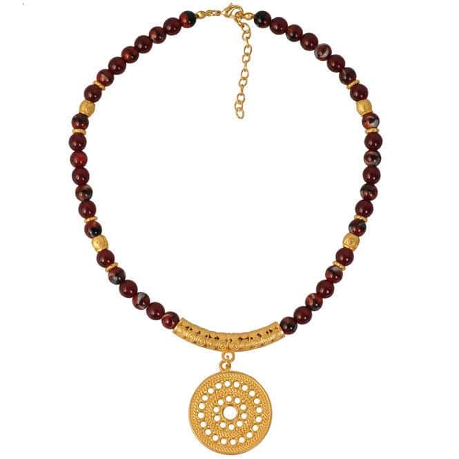 Collar Cristal Checo Rojo 8mm, Dije Mediano Pectoral Solar Muisca
