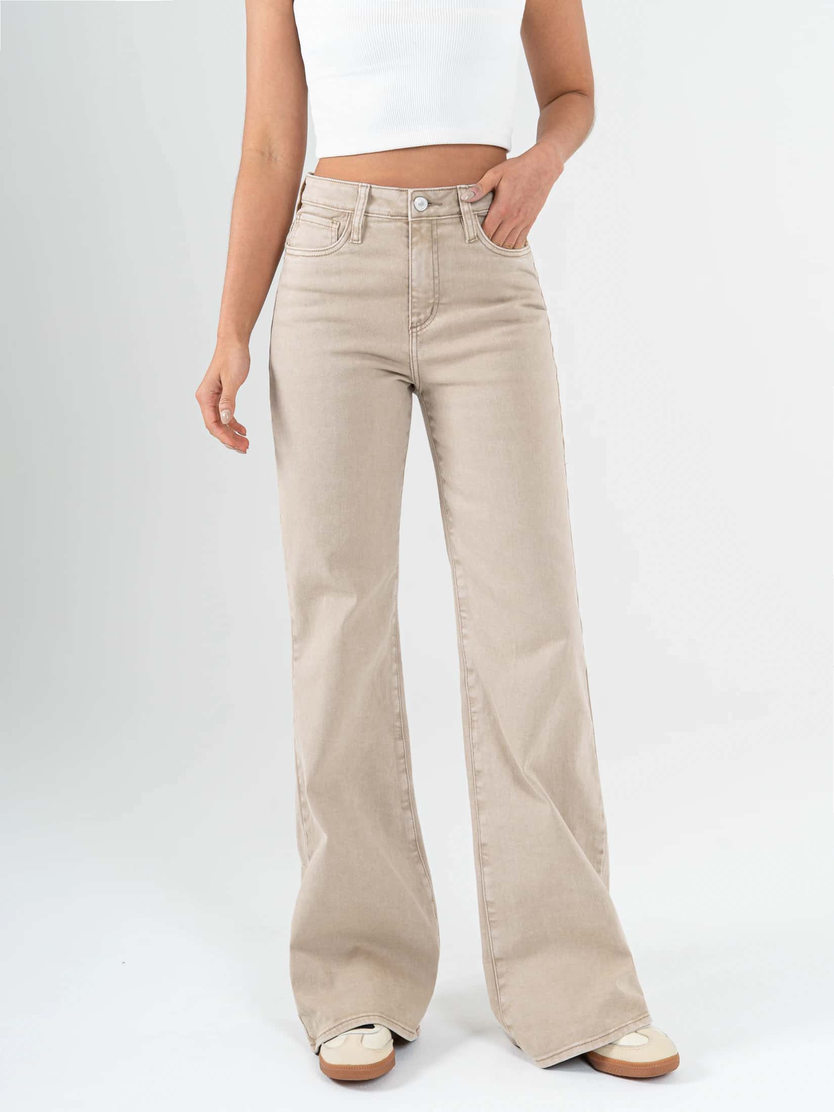 Ref: 069843 Pantalón palazzo stretch, tiro alto, tono caqui