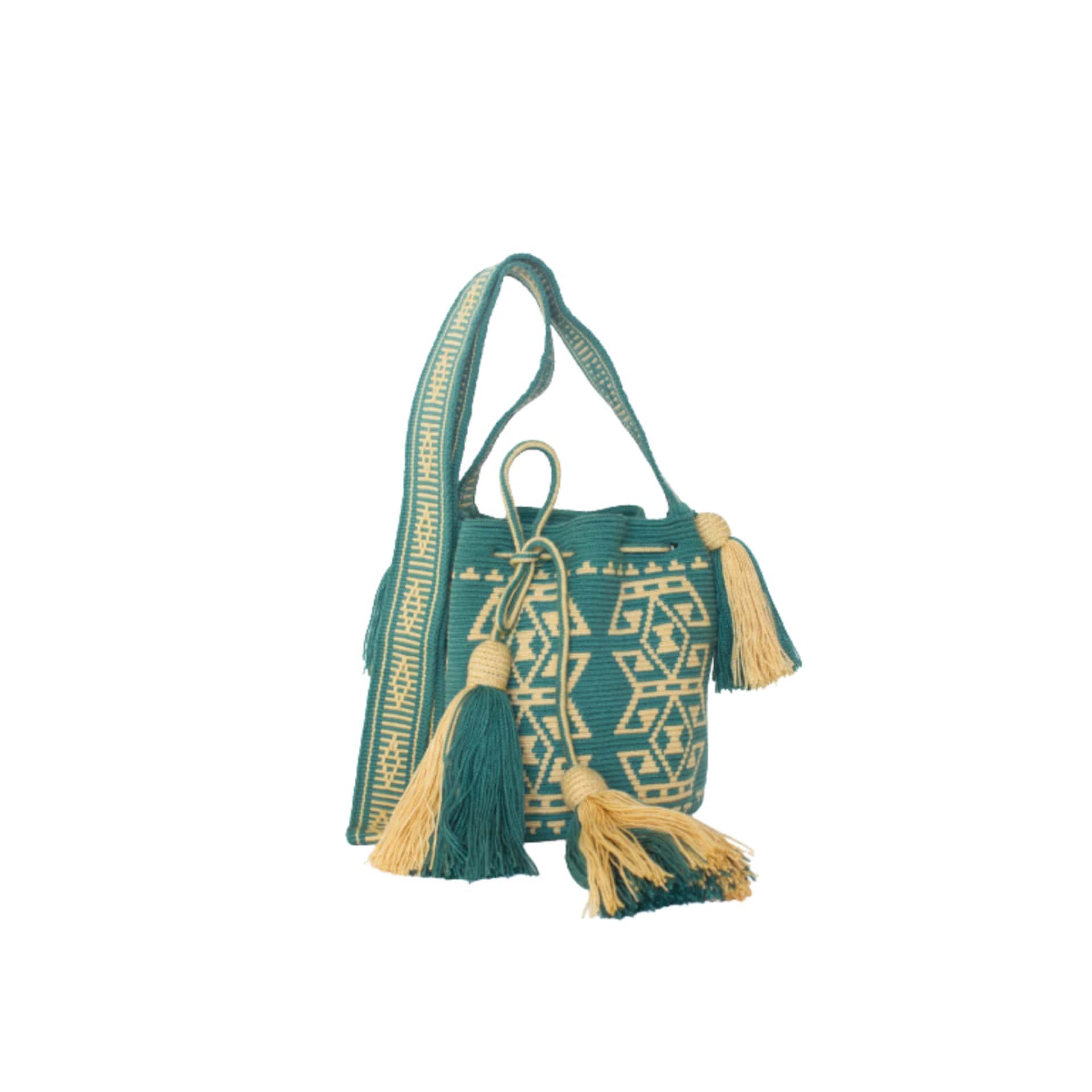 Bolso de Mano Wayuu Verde-Amarillo-Pompón