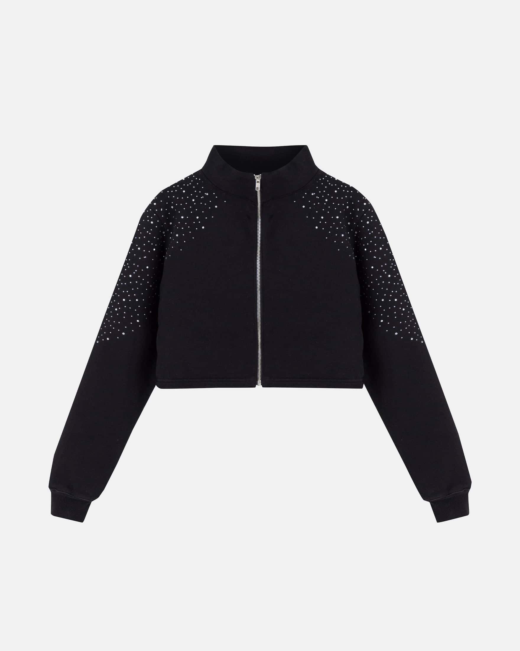 W Golden Heritage Slim Fit Zip Up Pearled Cropped Crewneck Black