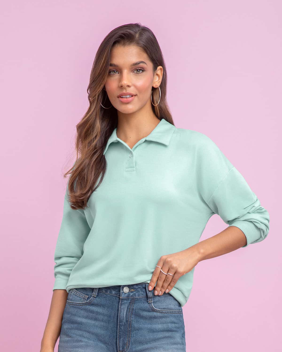 Camiseta manga larga tipo polo para mujer