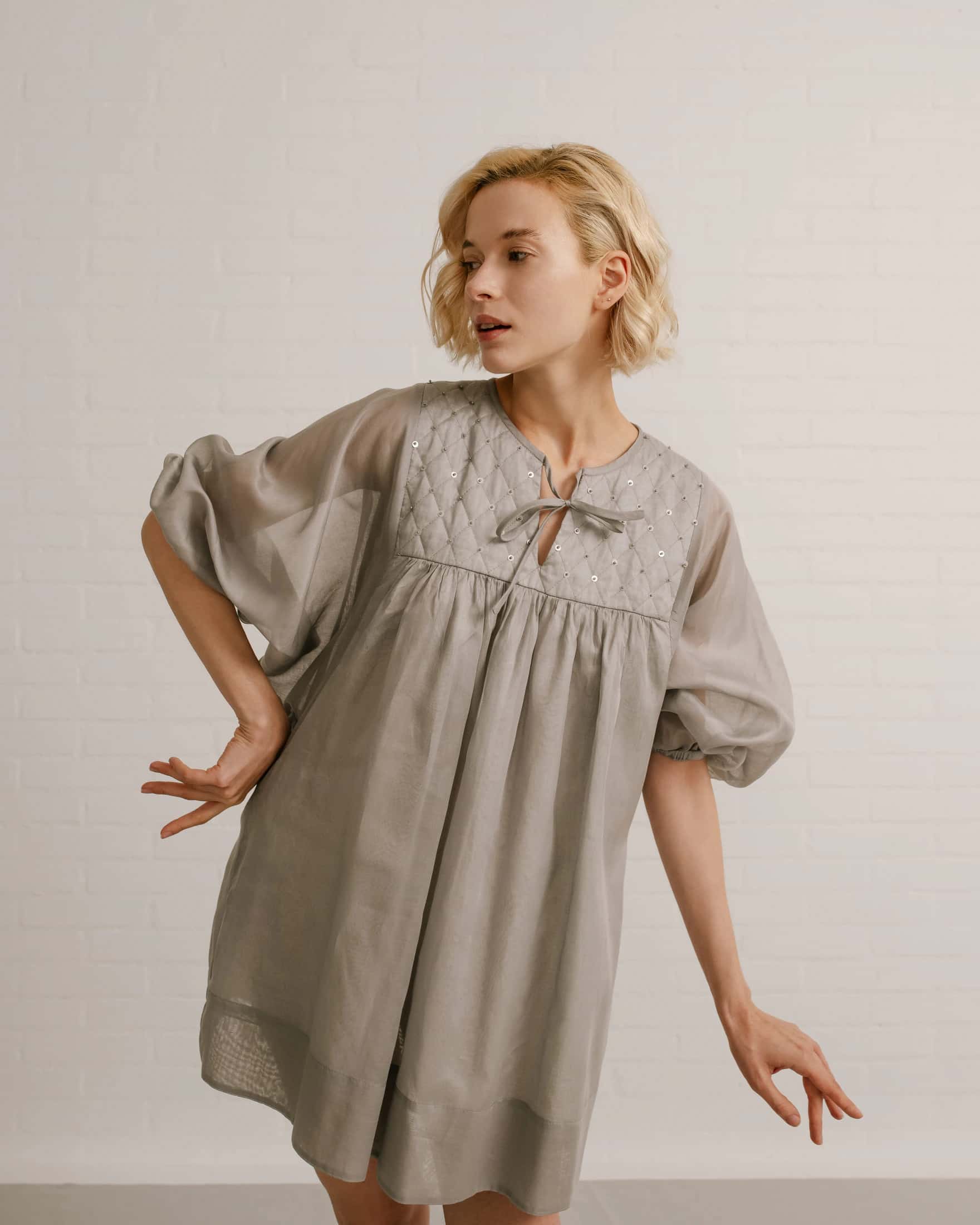 Quilted-Bodice Cotton Voile Mini Dress - miniatura 3