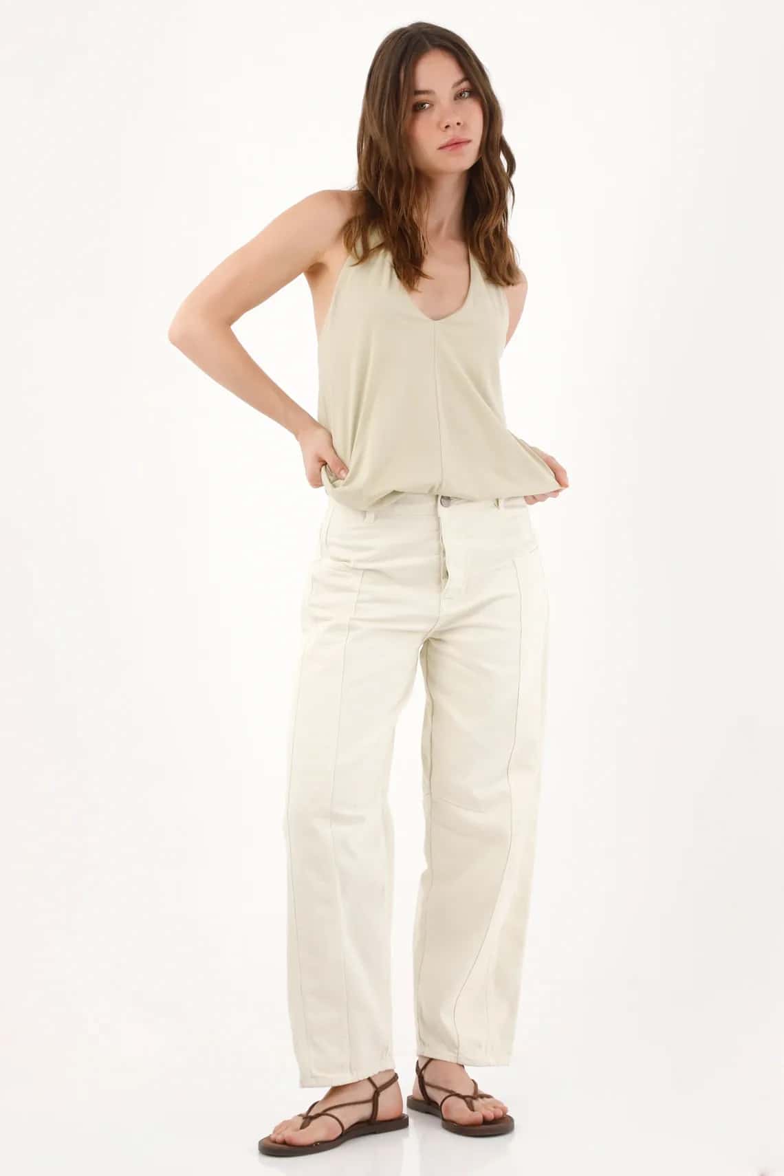 Jean horseshoe con costuras frontales en crudo para mujer