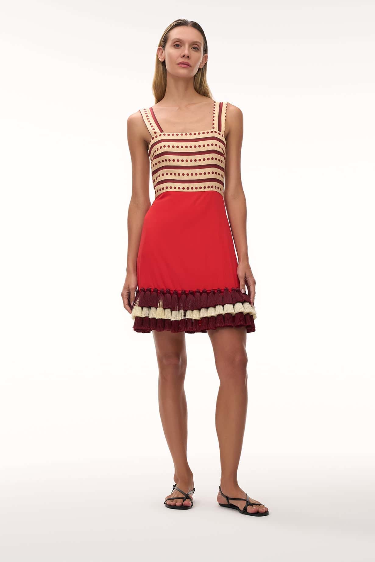 Micaela Linen Mini Dress / Red Stripes & Handmade Wine Tassels