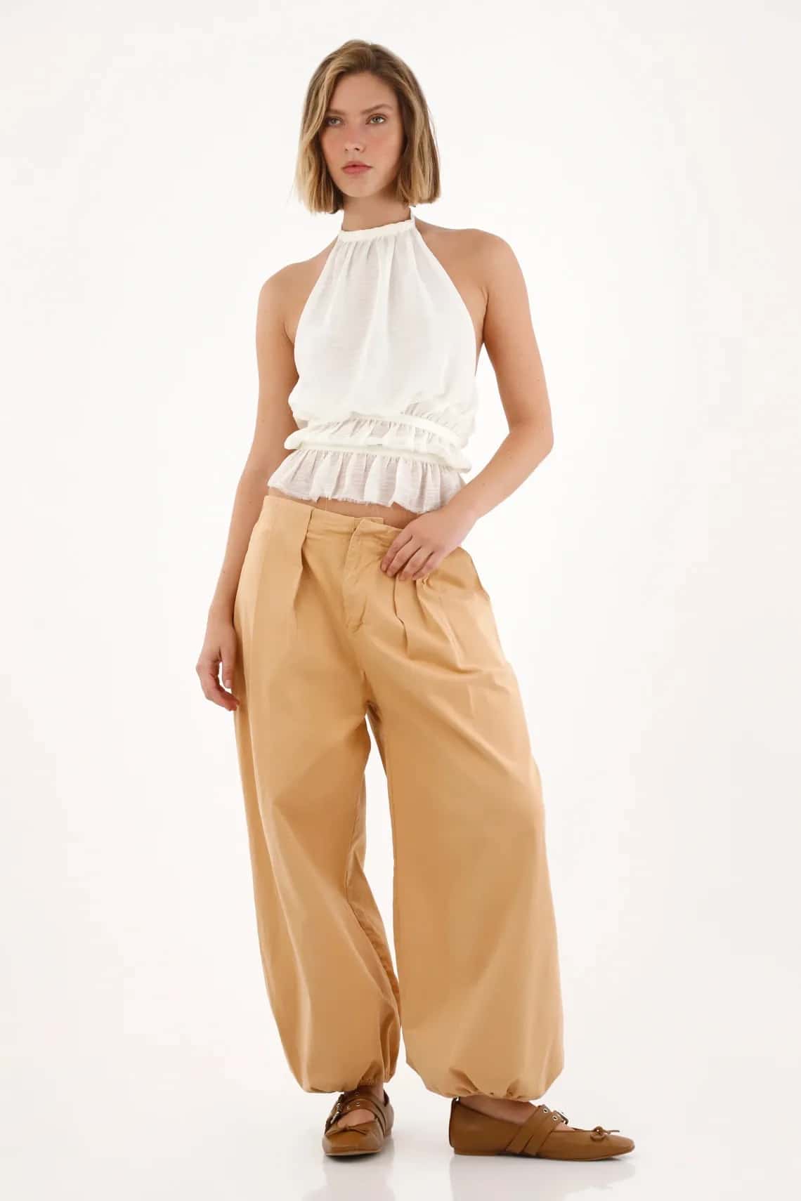 Pantalón en dril tipo Harem café para mujer