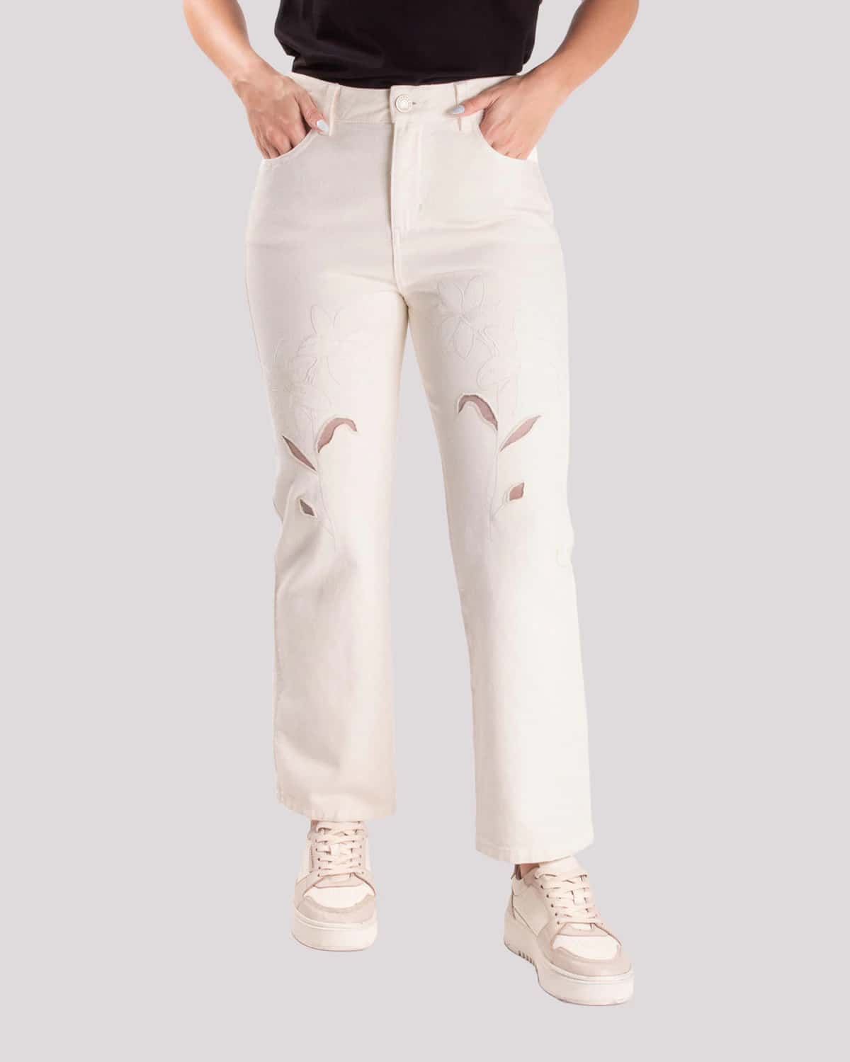 Jean regular bordado ivory para mujer
