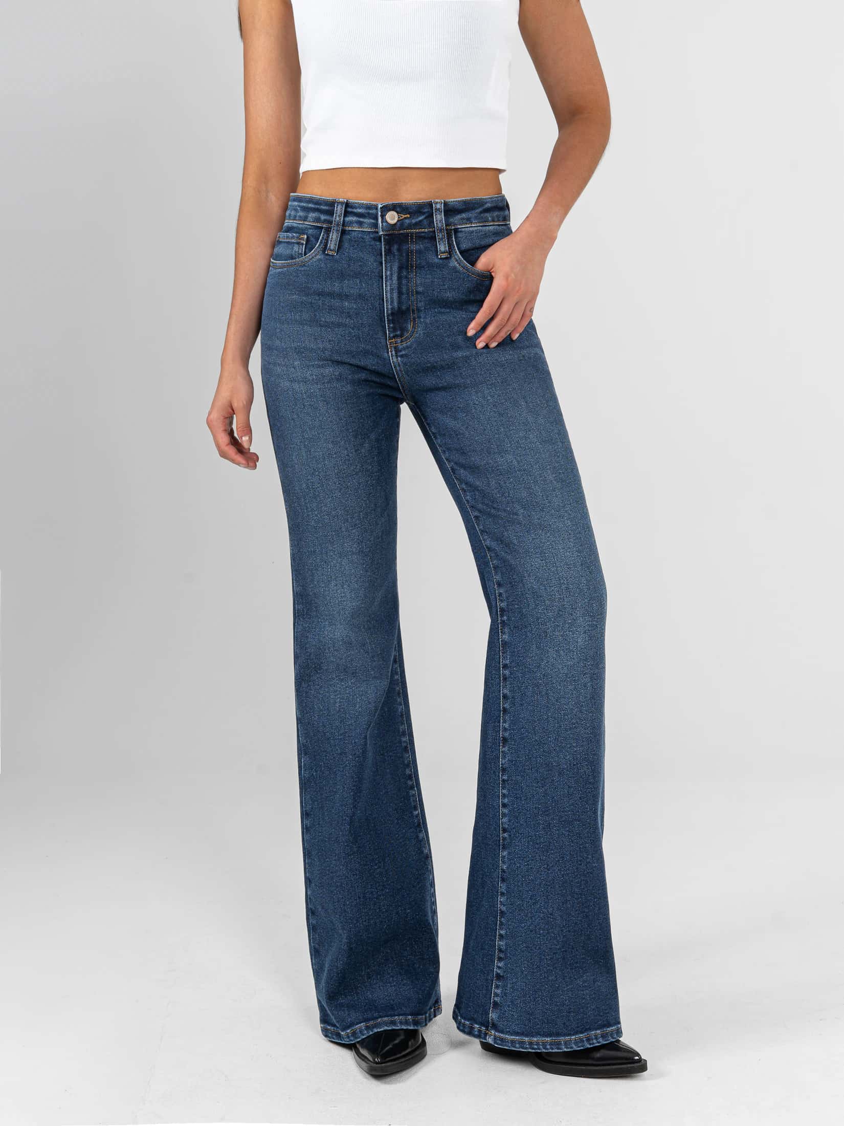 Ref: 066435 Jean flare stretch, bota ancha, tiro alto, tono azul oscuro