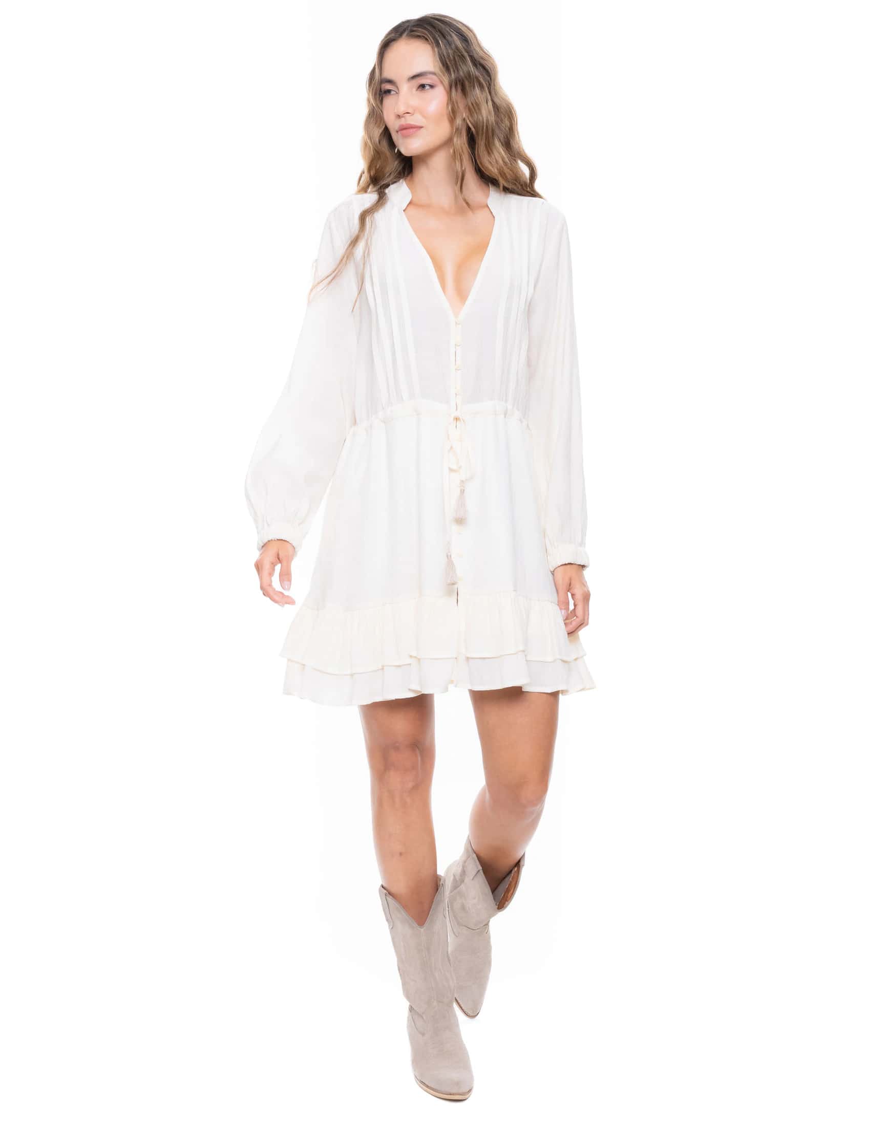 Vestido Corto Manga Larga Cuello V Botonadura Marfil