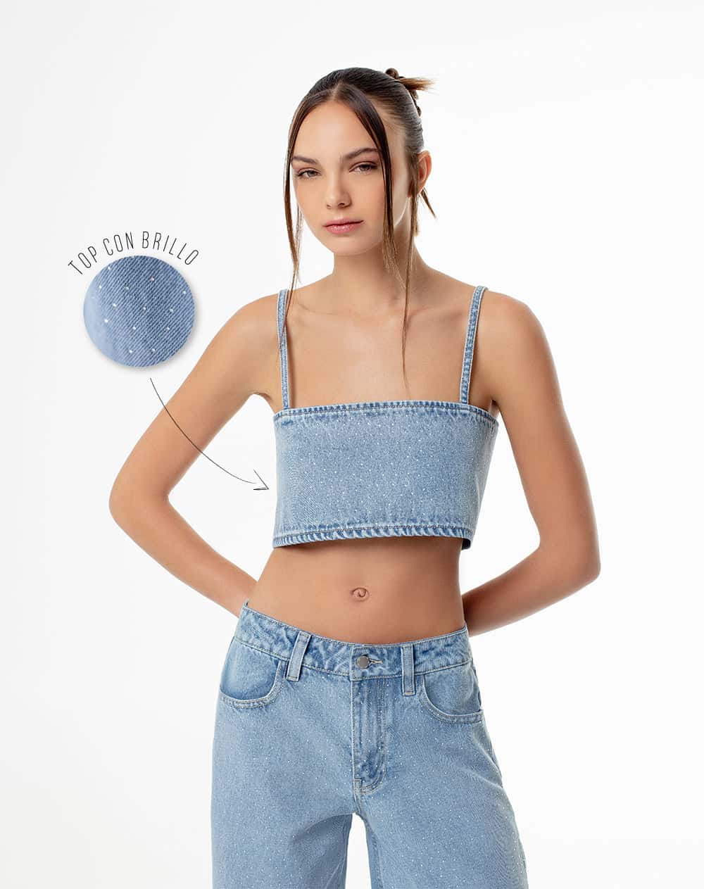 Crop top denim brillos índigo claro mujer