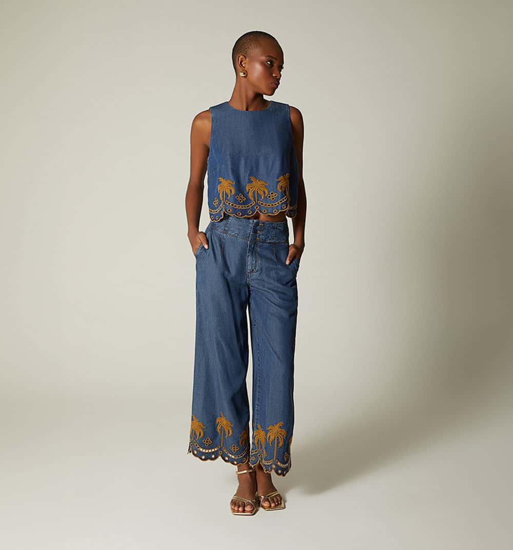 Jean culotte tiro alto bordado en bota