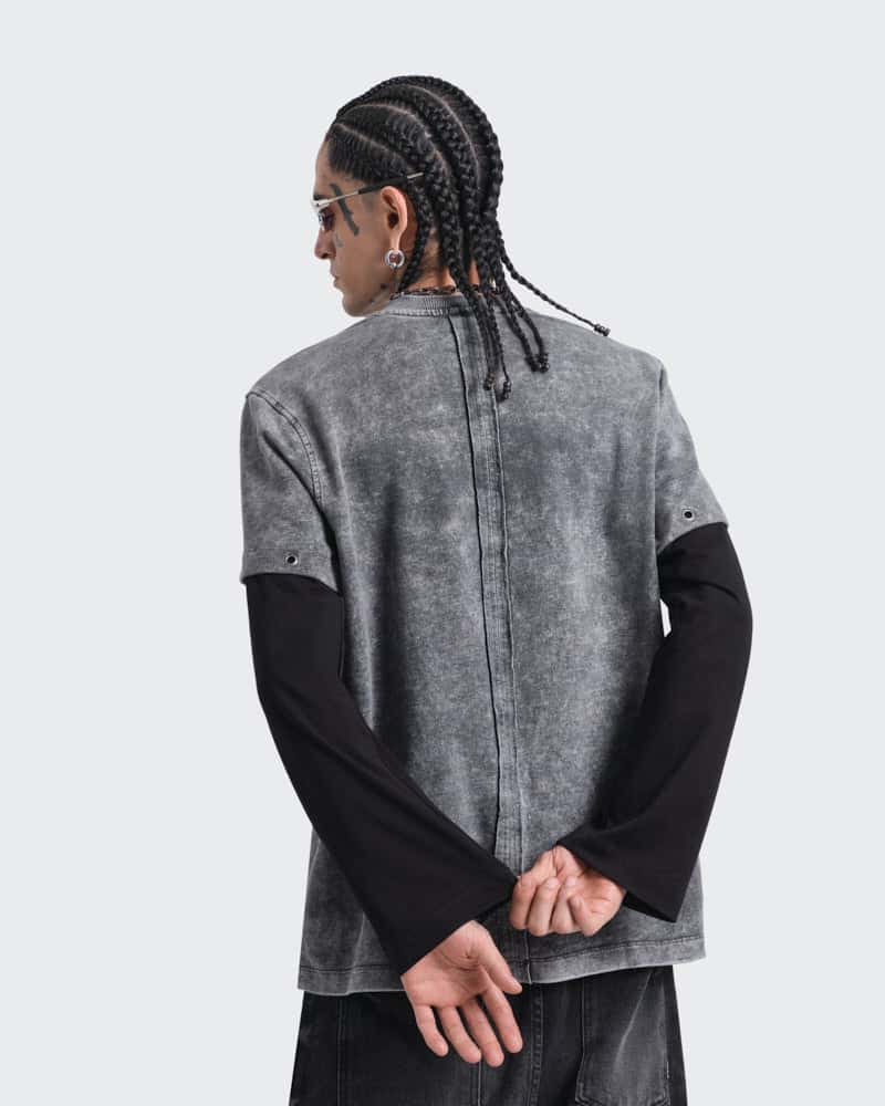 Camiseta Gris Oversize Doble Manga Raw - miniatura 2