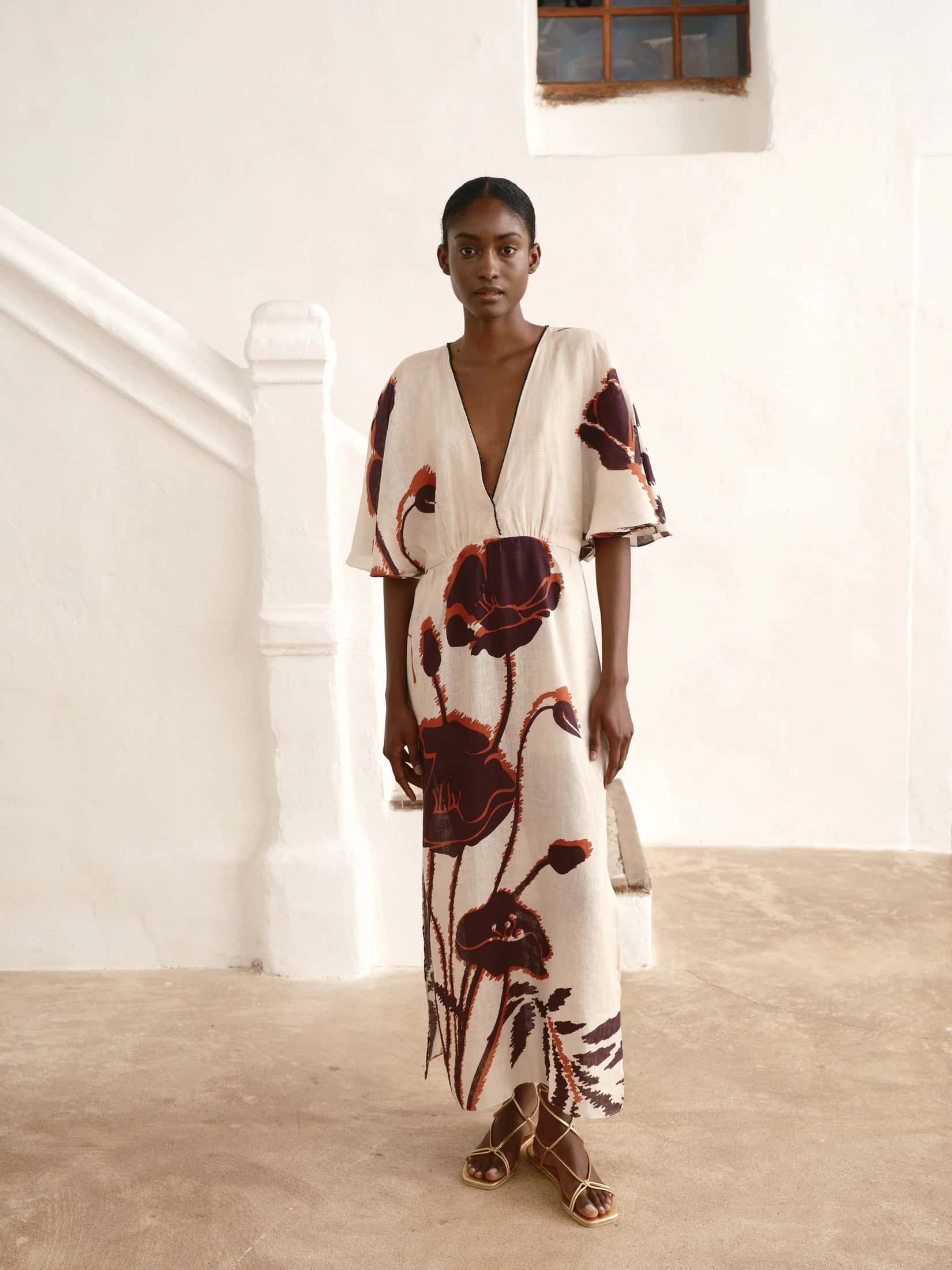 Topacio Linen Tunic Dress / Ecru - Purple Gladiolos