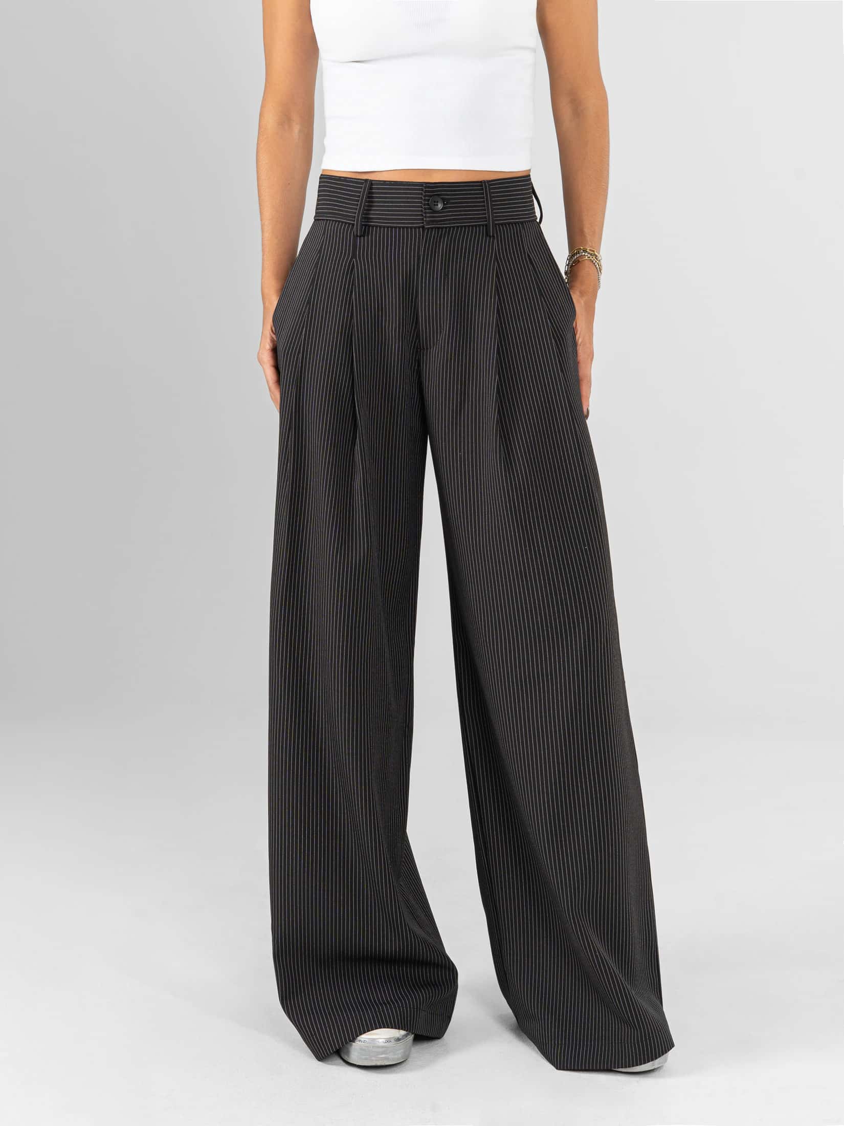Ref: 0620462 Pantalón palazzo, stretch, tejido plano liviano, rayas, tiro alto, tono negro - miniatura 1