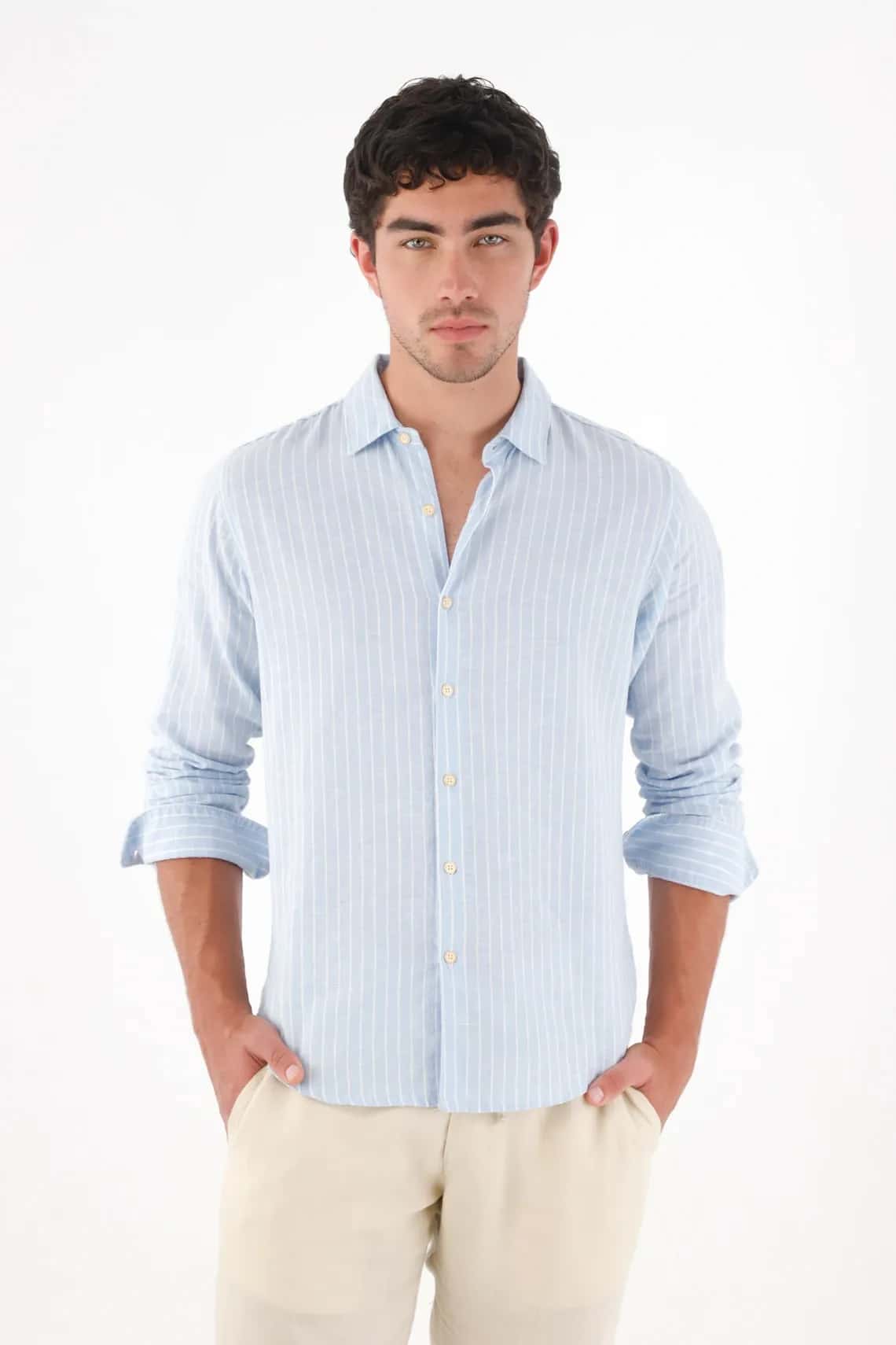 Camisa a rayas manga larga con acabado suave para hombre