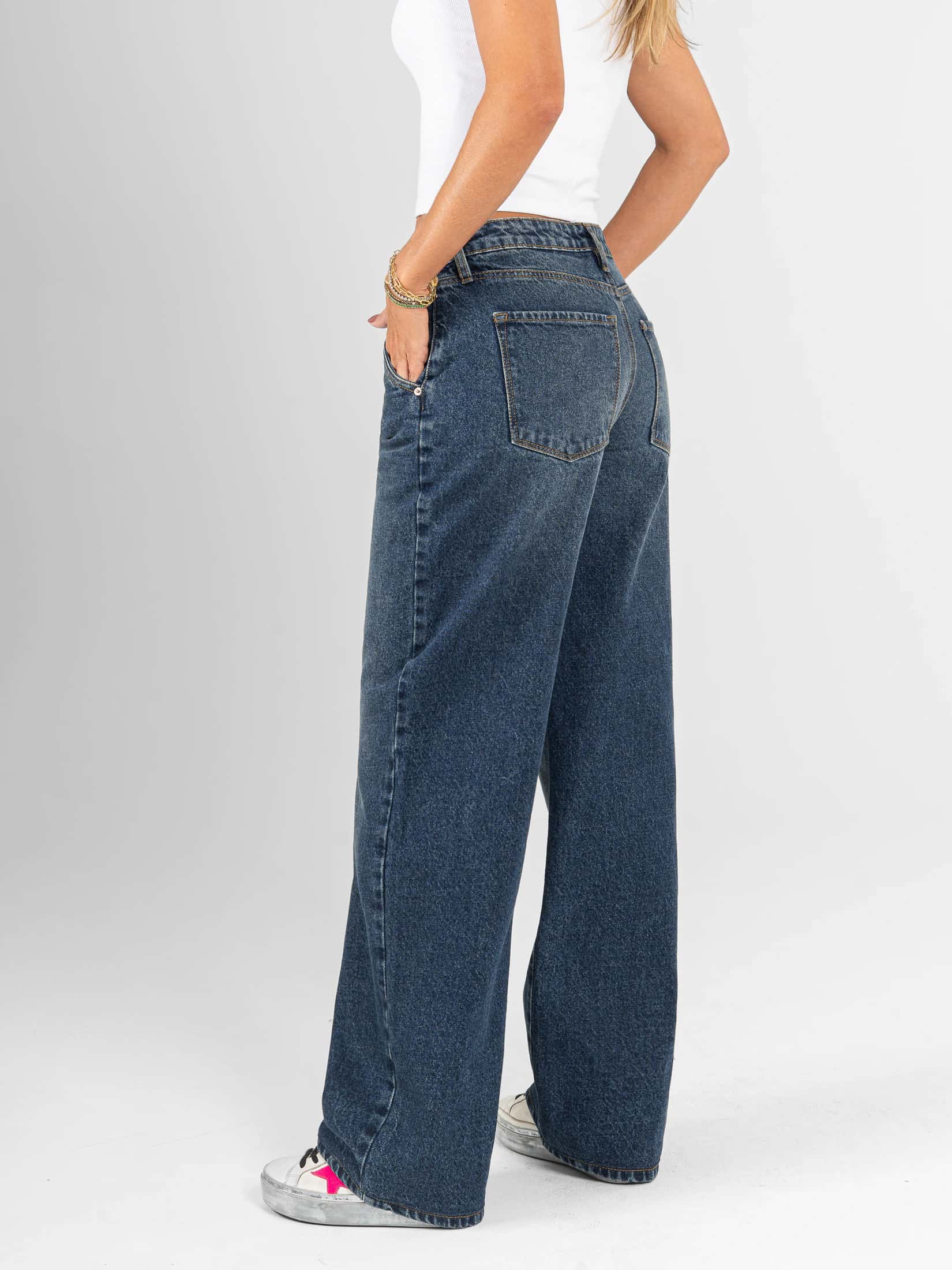 Ref: 066440 Jean wide leg, rígido, tiro alto, detalle en pretina, tono azul medio - miniatura 2