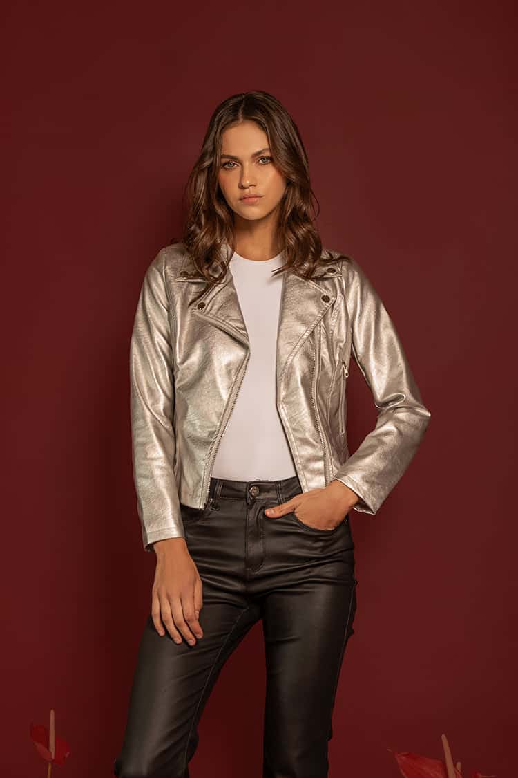 CHAQUETA BIKER CUERO VEGANO PLATEADA