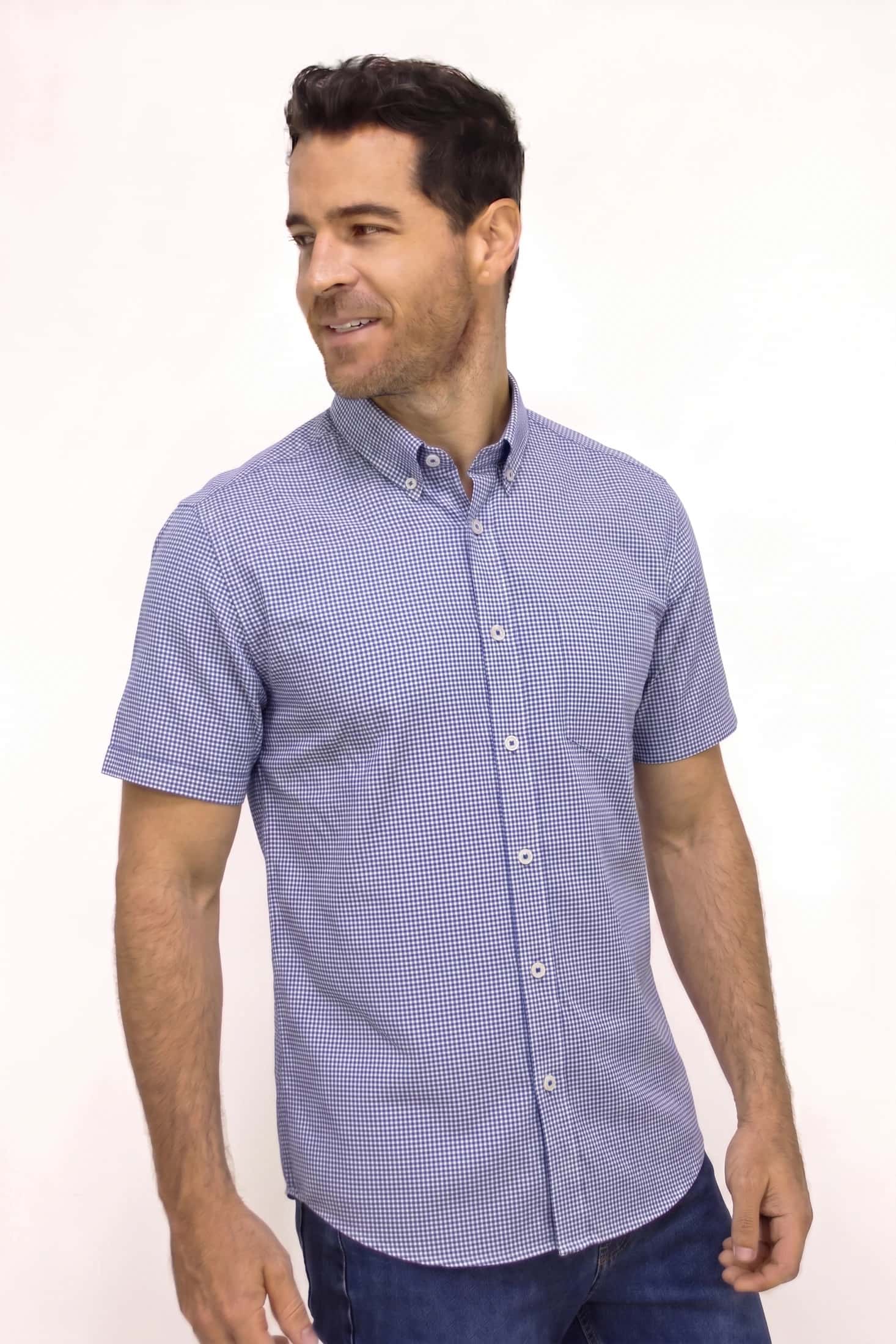 CAMISA MANGA CORTA A CUADROS AZUL PARA HOMBRE
