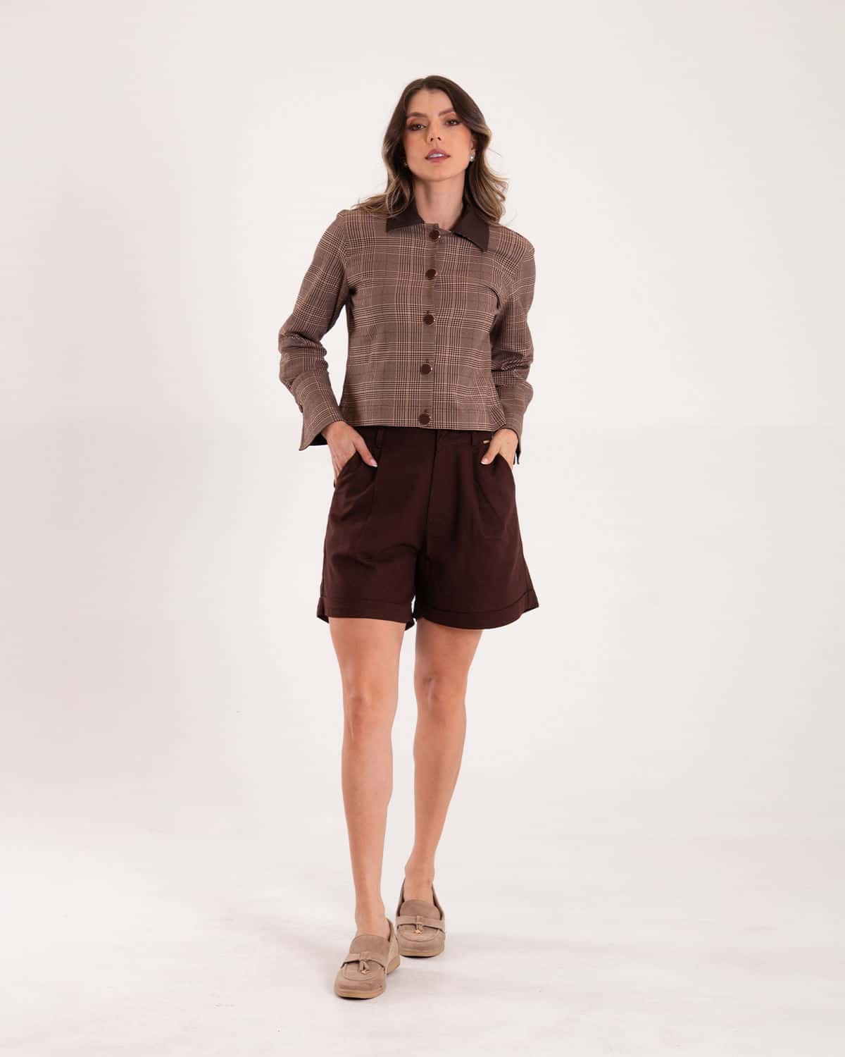 Chaqueta cafe de cuadros para mujer