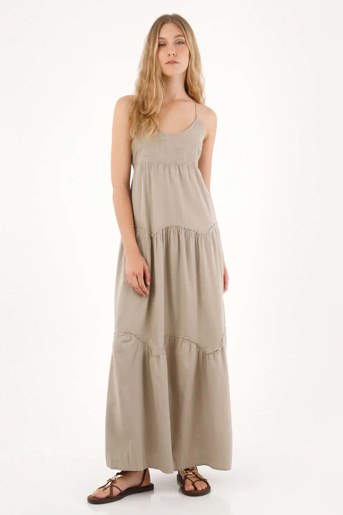 Vestido largo con escote en V café con detalle fruncido para mujer
