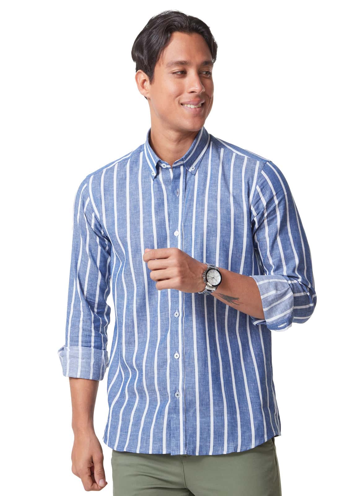Camisa en Lino azul con rayas blancas