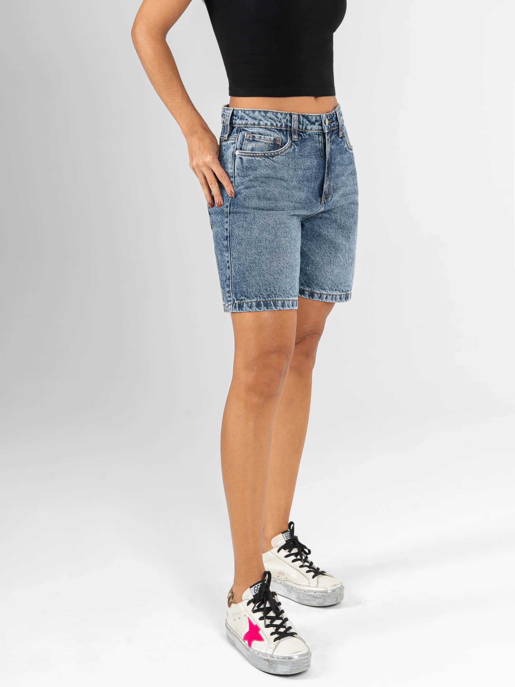 Ref: 066453 Bermuda en denim, rígido, tiro alto, tono azul oscuro. - miniatura 3